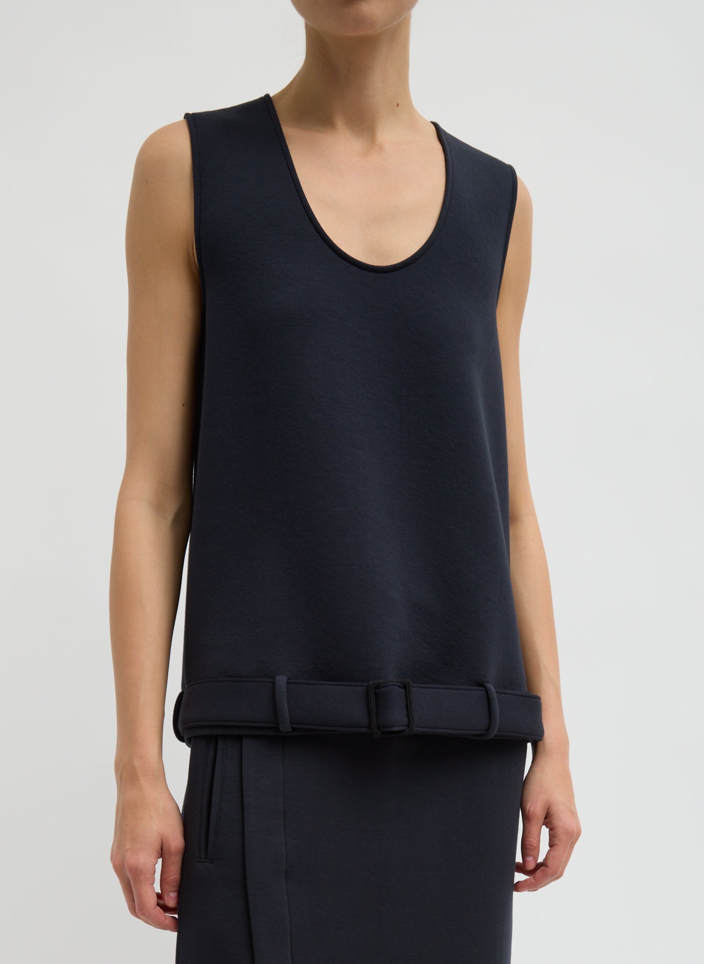 Dark Navy Bonded Viscose Tank Top - belted, front view on model