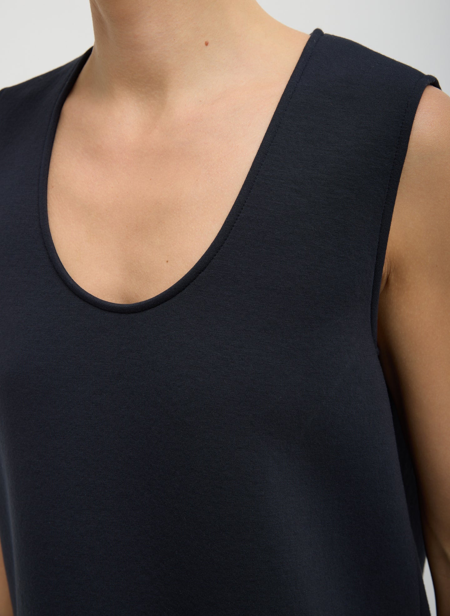 Dark Navy Bonded Viscose Tank Top - closeup of neckline