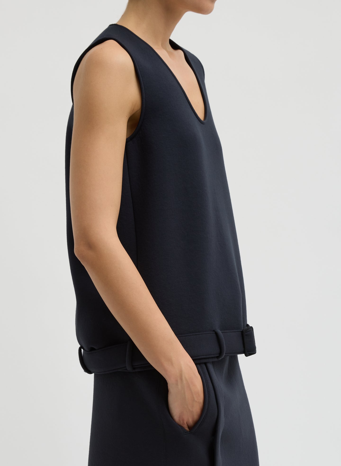 Dark Navy Bonded Viscose Tank Top - belted, side view on model