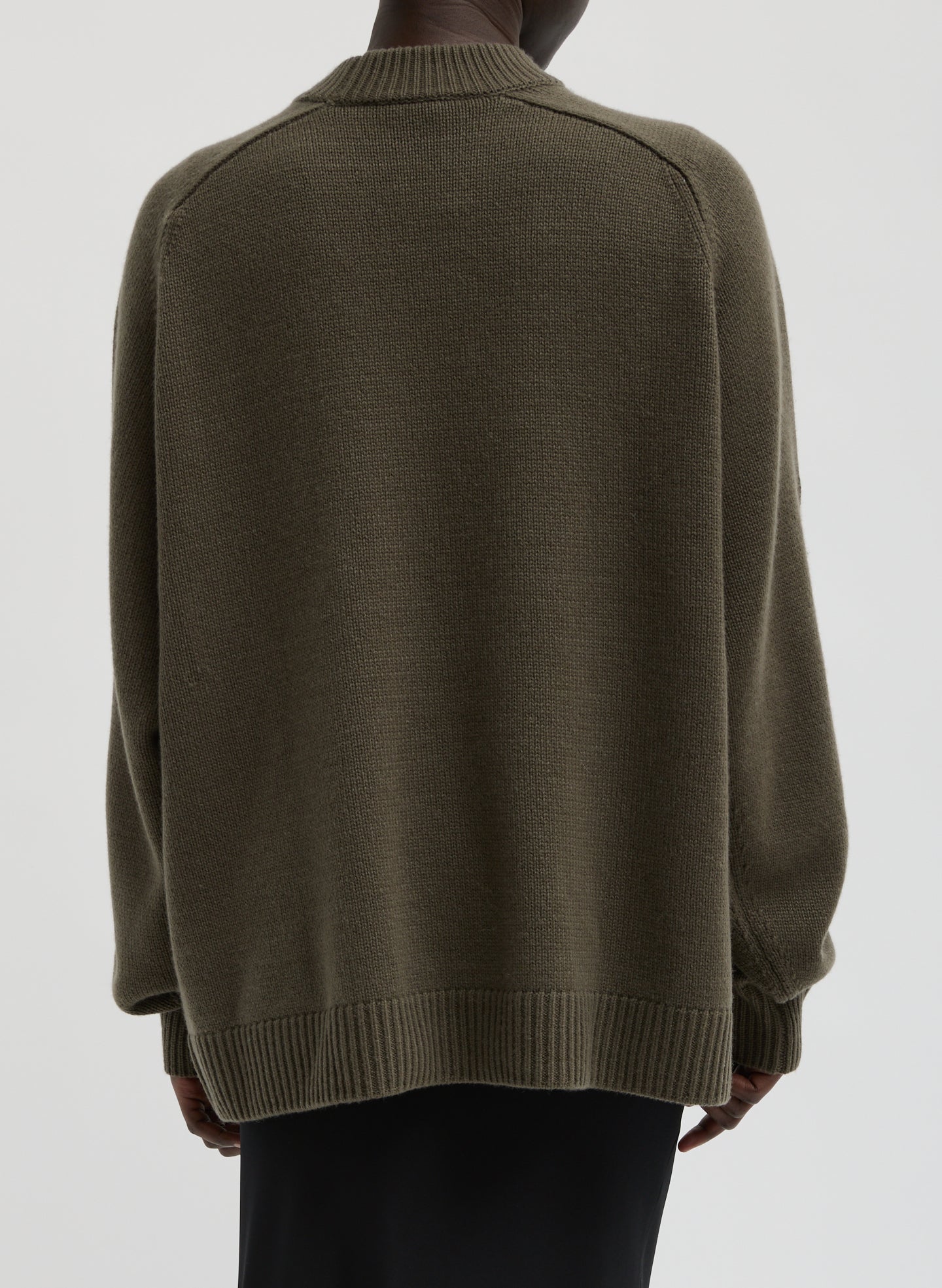 Dark Hazelnut Green Cashmere Crewneck Oversized Pullover Sweater - back view on model