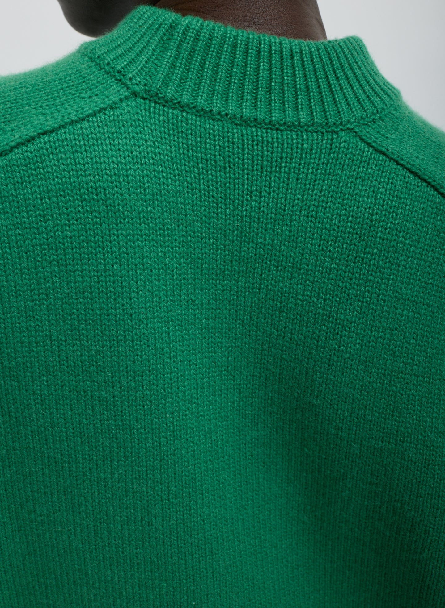 Bright Green Cashmere Crewneck Oversized Pullover Sweater - closeup of ribbed detail at neckline