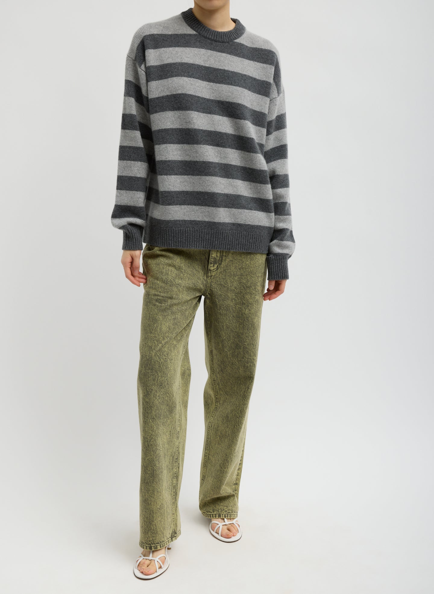 Grey Striped Cashmere Crewneck Easy Pullover - full look, front view on model