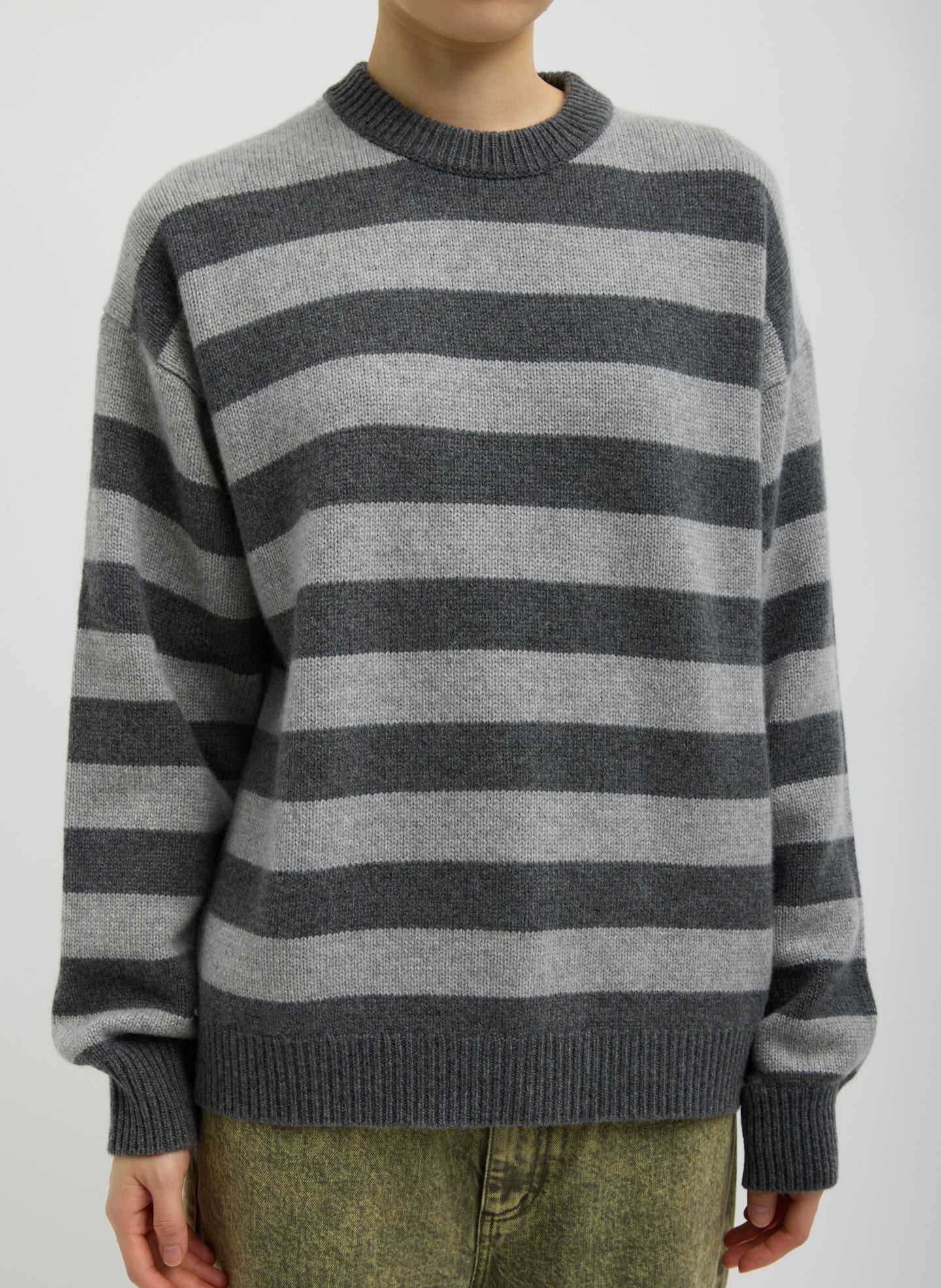 Grey Striped Cashmere Crewneck Easy Pullover - striped cashmere sweater, front view on model