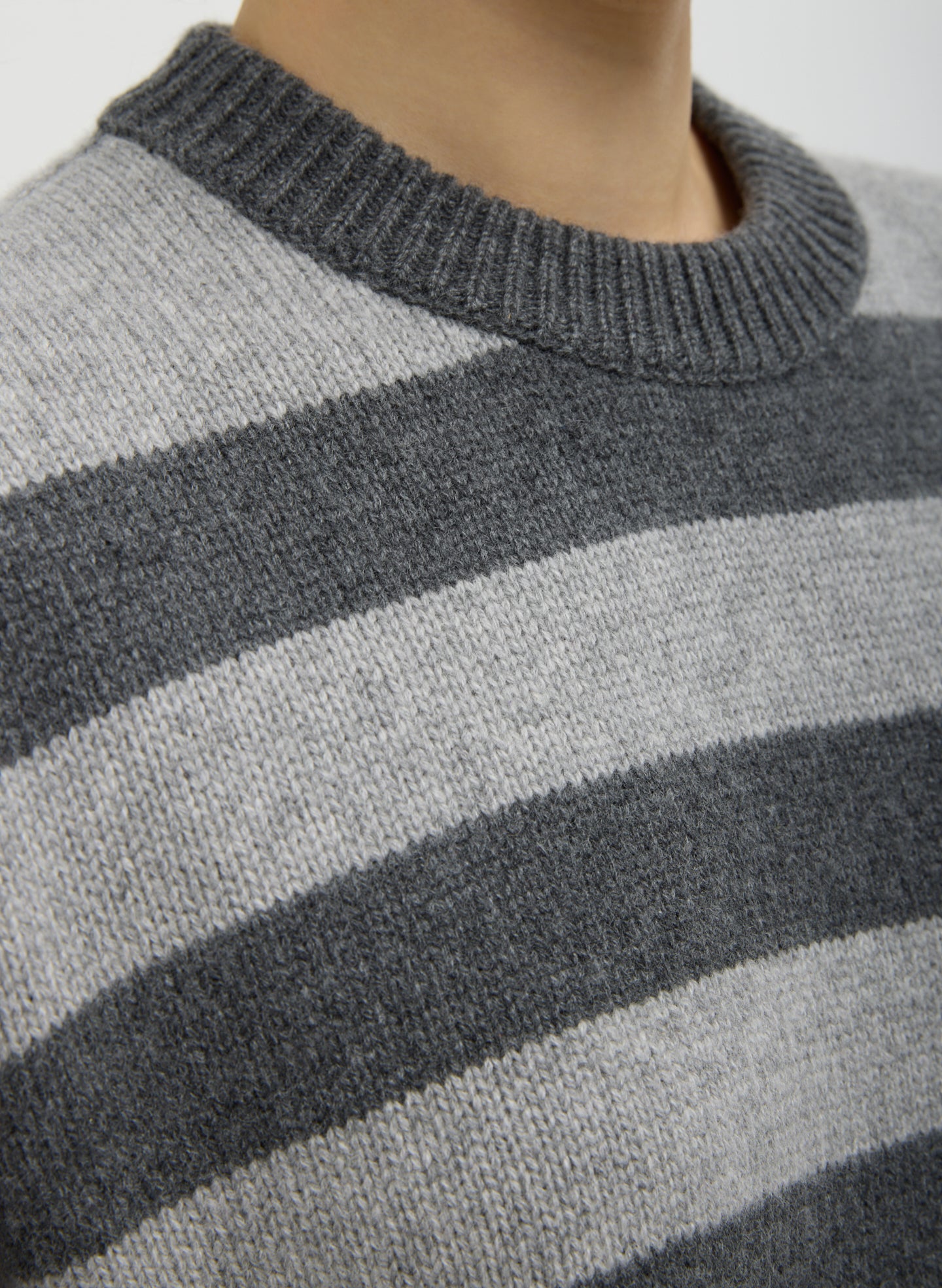 Grey Striped Cashmere Crewneck Easy Pullover - closeup of striped pattern and neckline