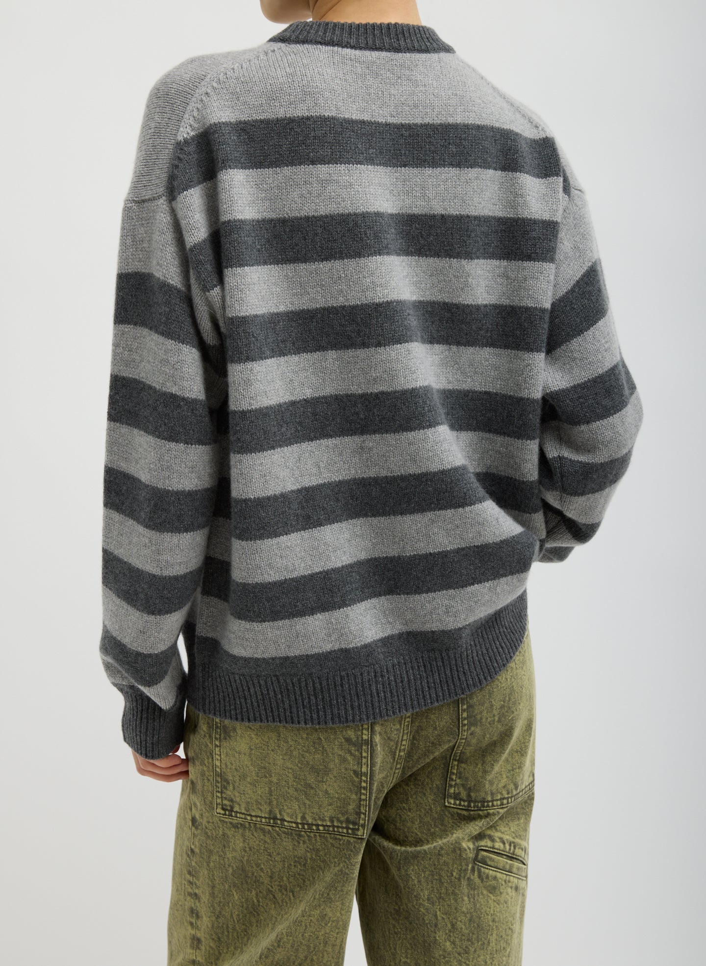 Grey Striped Cashmere Crewneck Easy Pullover - striped cashmere sweater, back view on model