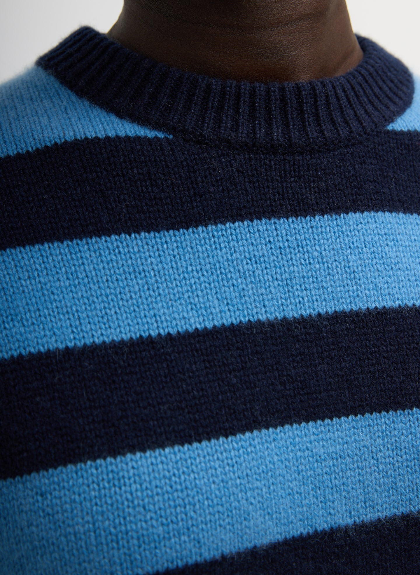 Navy and Blue Striped Cashmere Crewneck Easy Pullover - closeup of striped pattern and neckline