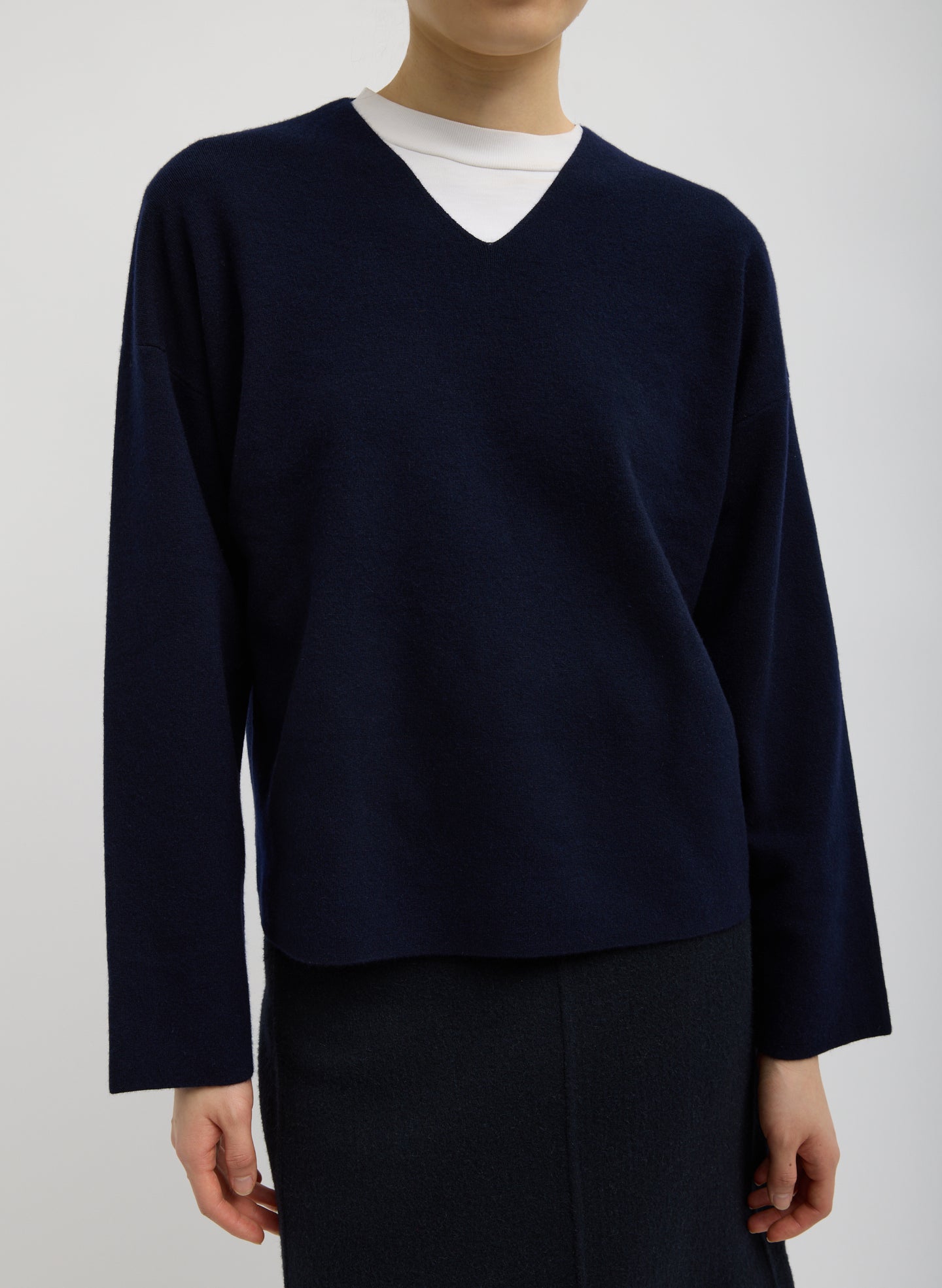 Dark Navy Double Faced Cashmere Oversized Easy Sweater - v-neck sweater, front view on model