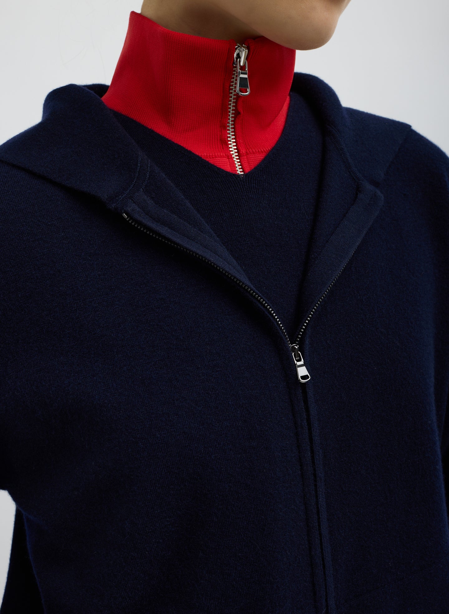 Dark Navy Double Faced Cashmere Hoodie - closeup of zip detail at front