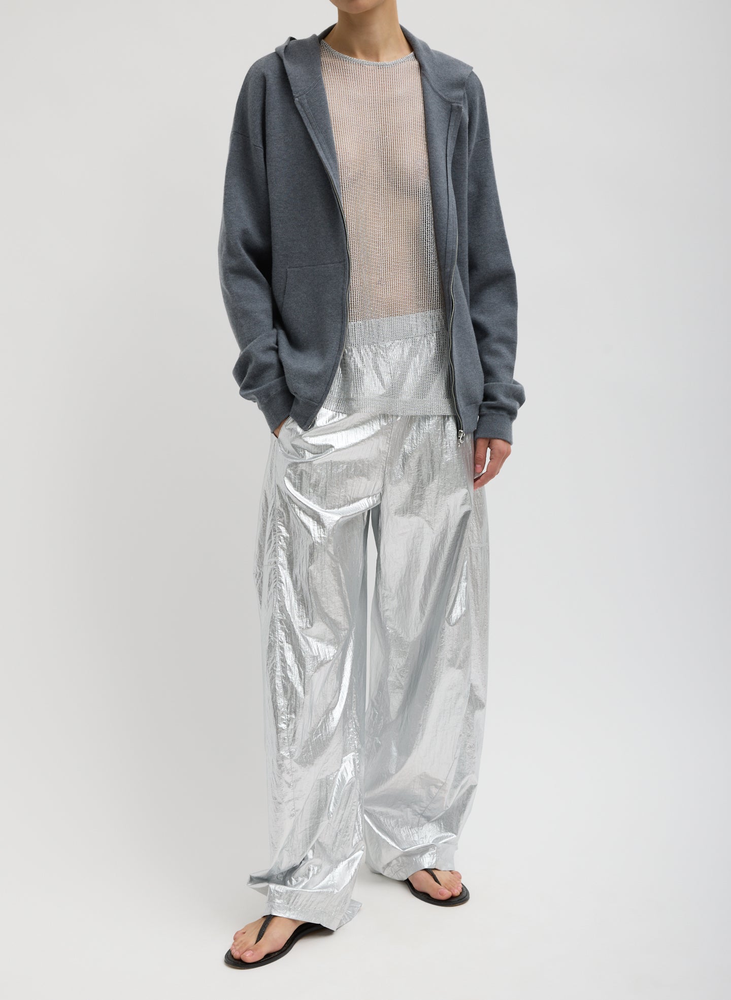 Medium Heather Grey Double Faced Cashmere Hoodie - full look, front view on model