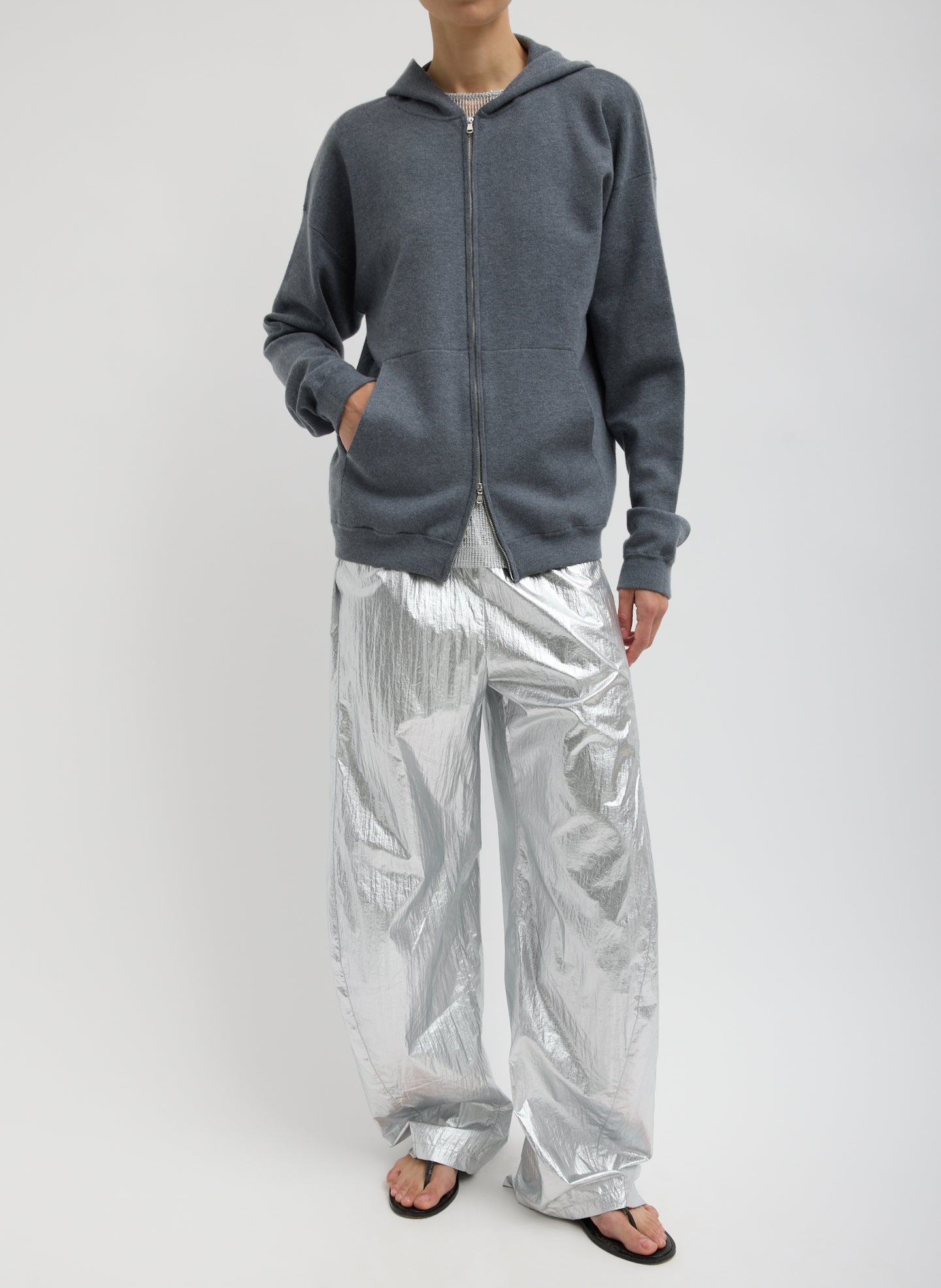 Medium Heather Grey Double Faced Cashmere Hoodie - full look, front view on model