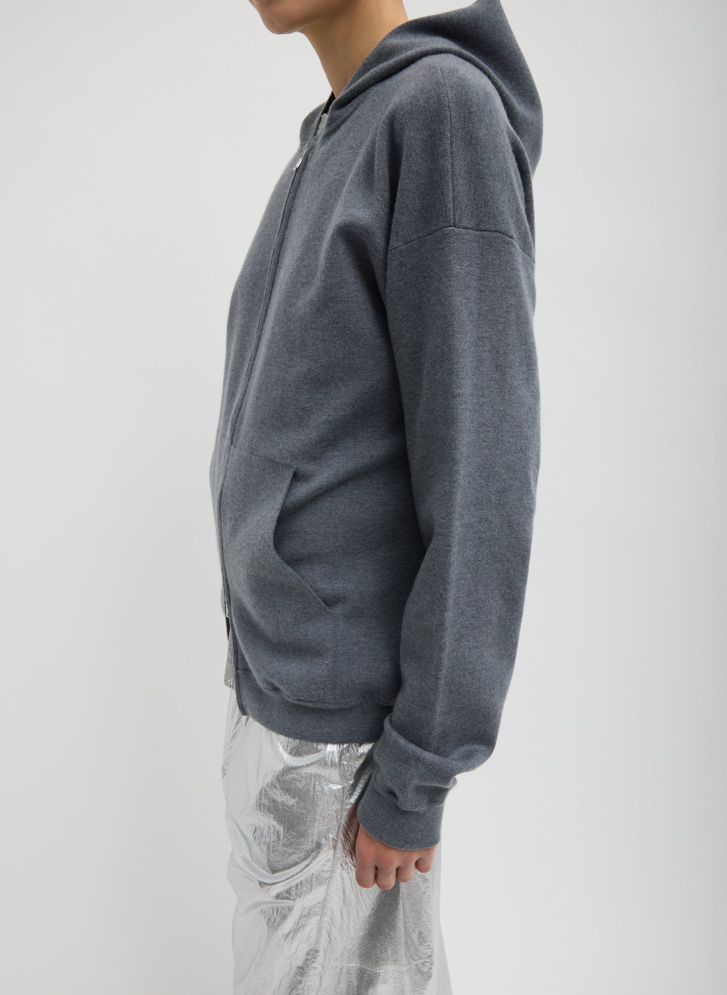 Medium Heather Grey Double Faced Cashmere Hoodie - zip up hooded sweater, side view on model