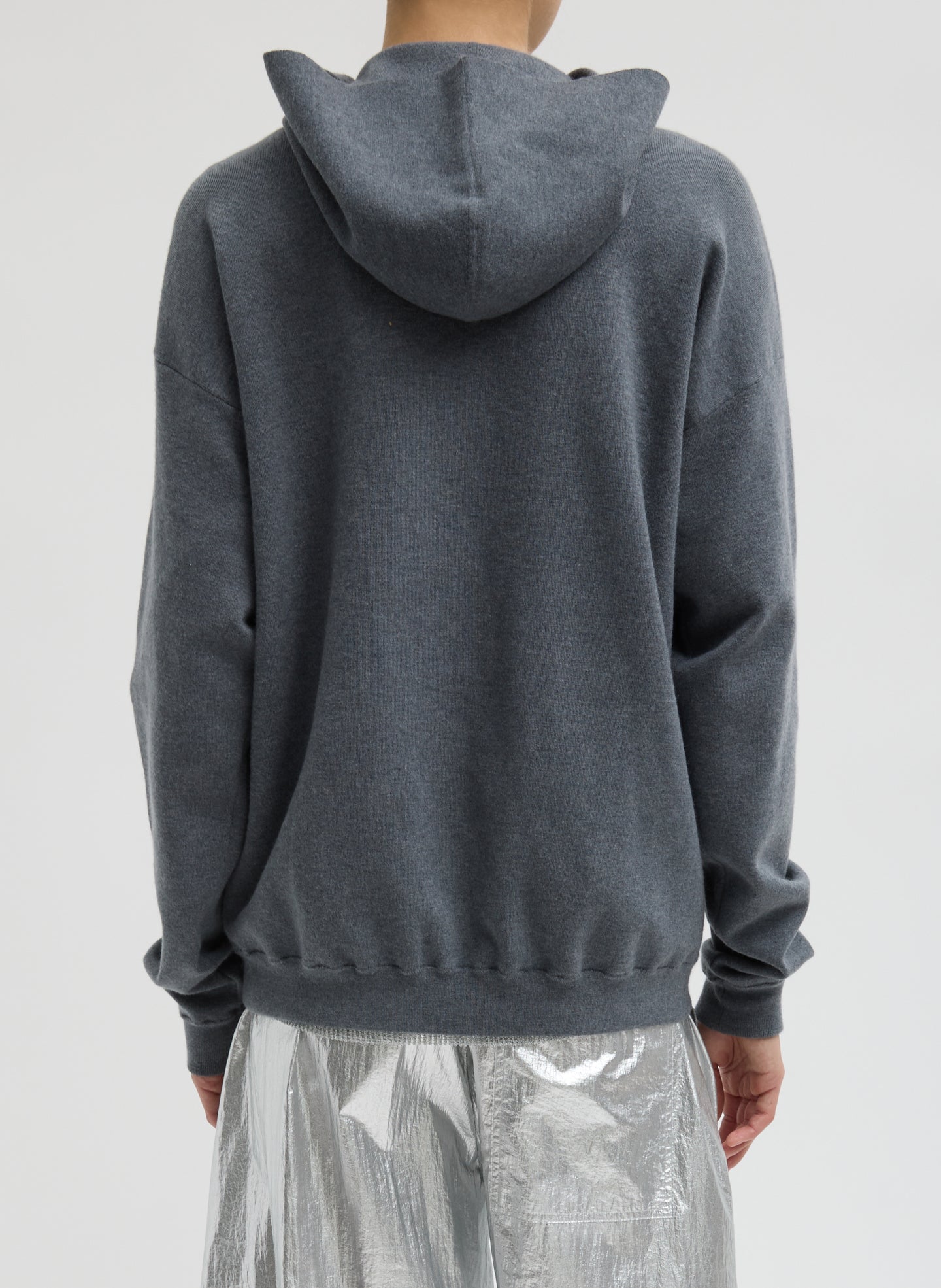 Medium Heather Grey Double Faced Cashmere Hoodie - zip up hooded sweater, back view on model