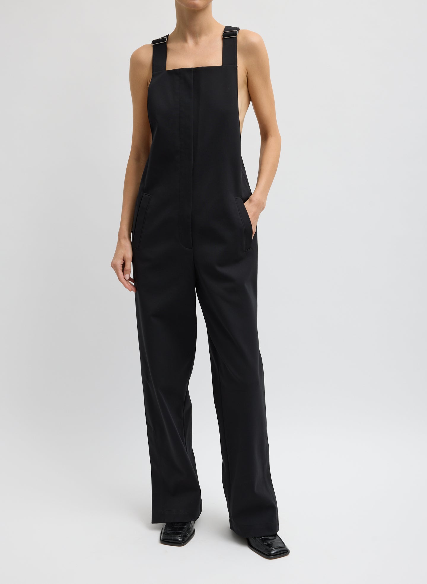 Black Compact Tech Knit Overalls - full look, front view on model