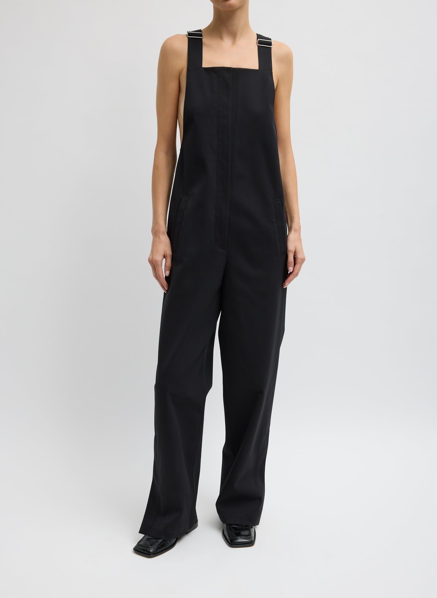Black Compact Tech Knit Overalls - full look, front view on model