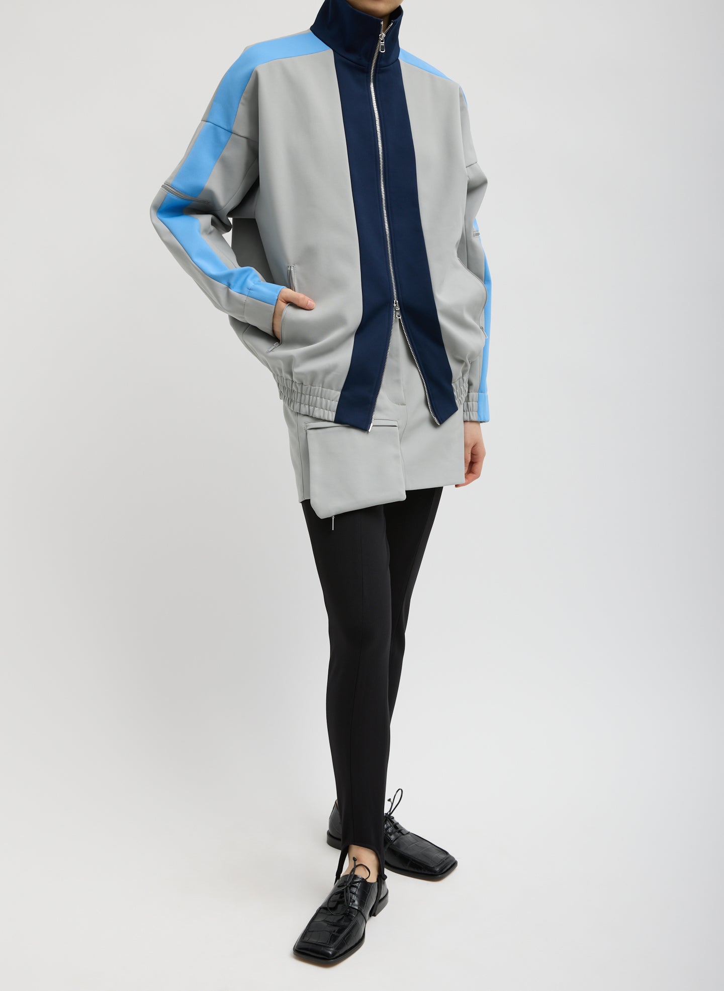 Grey Color Blocked Compact Tech Knit Bomber - full look, front view on model