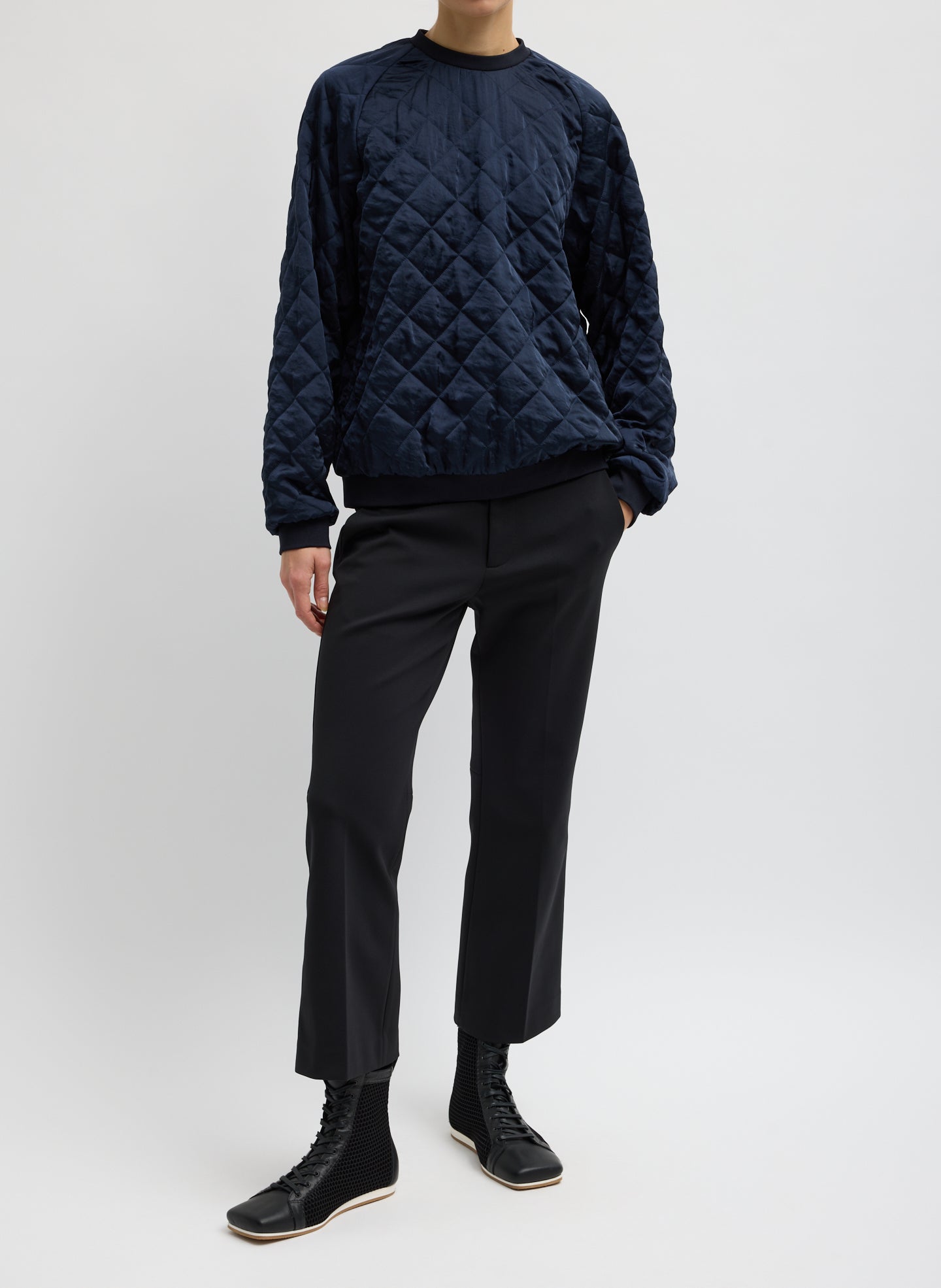 Navy Cozy Quilting Sweatshirt - full look, front view on model