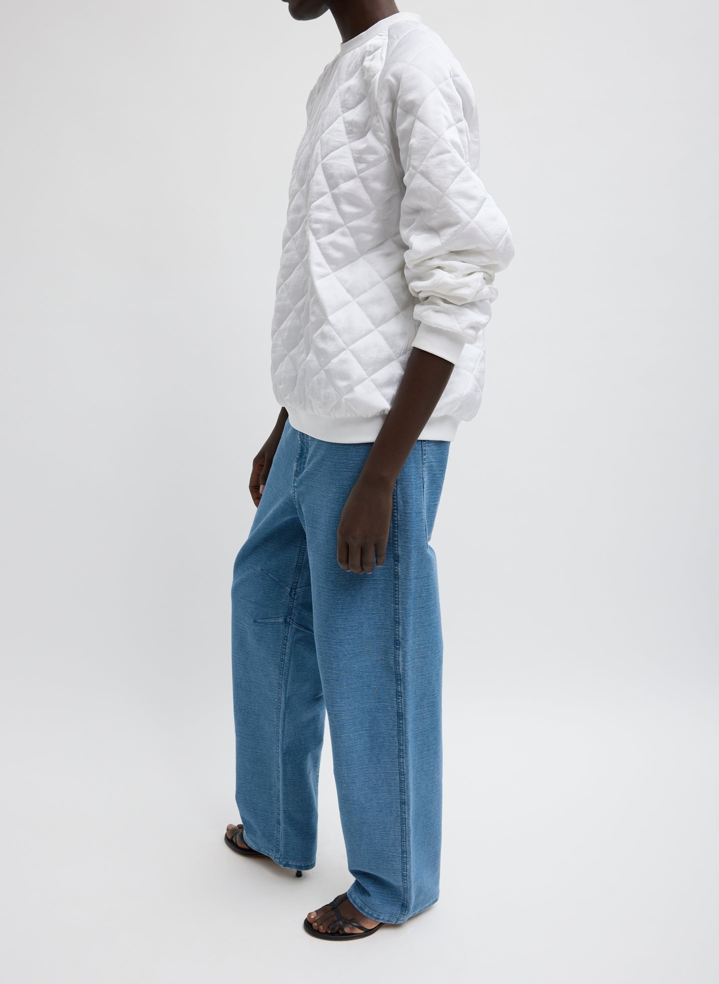 White Cozy Quilting Sweatshirt - quilted sweatshirt, side view on model