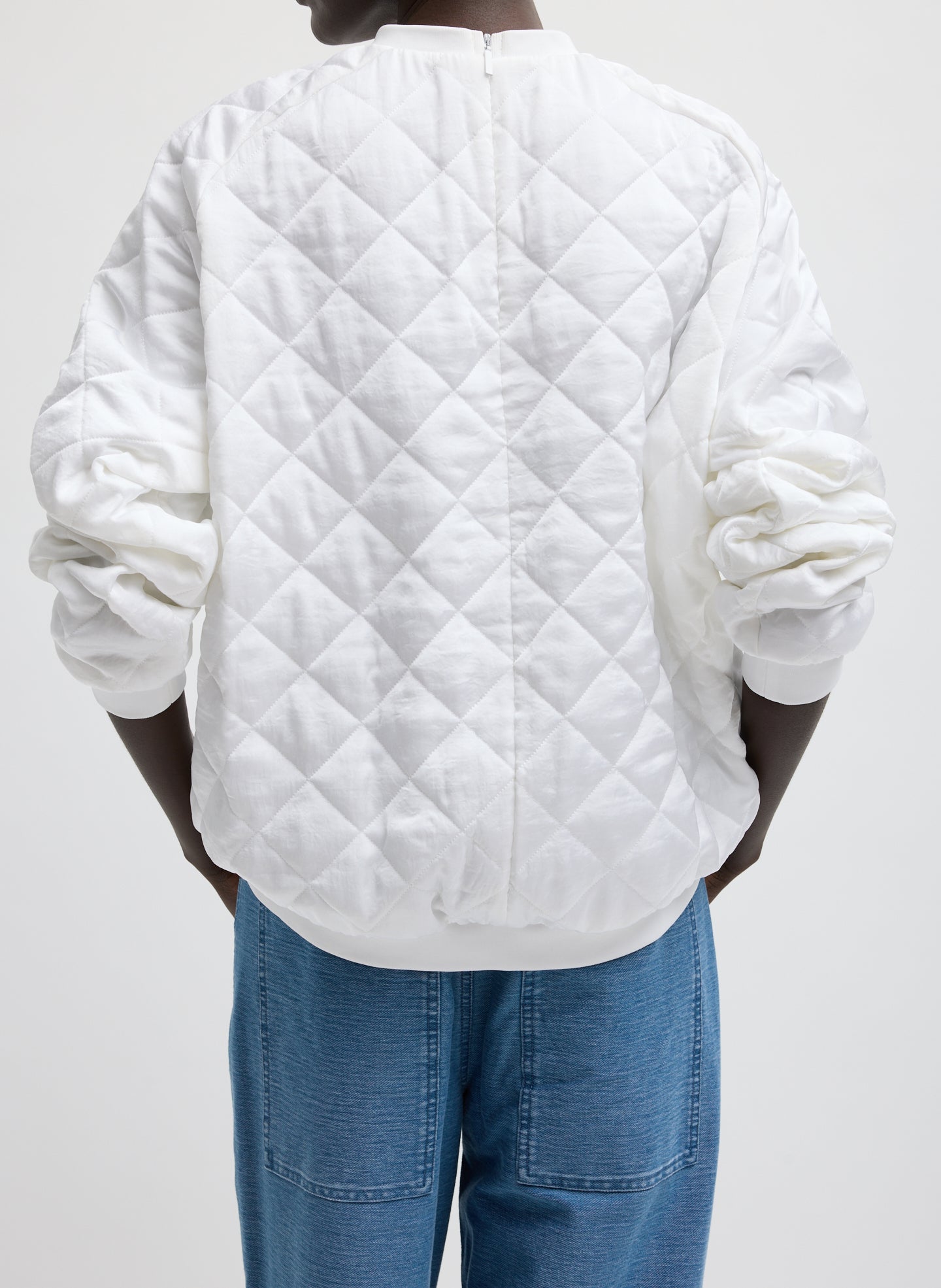 White Cozy Quilting Sweatshirt - quilted sweatshirt, back view on model