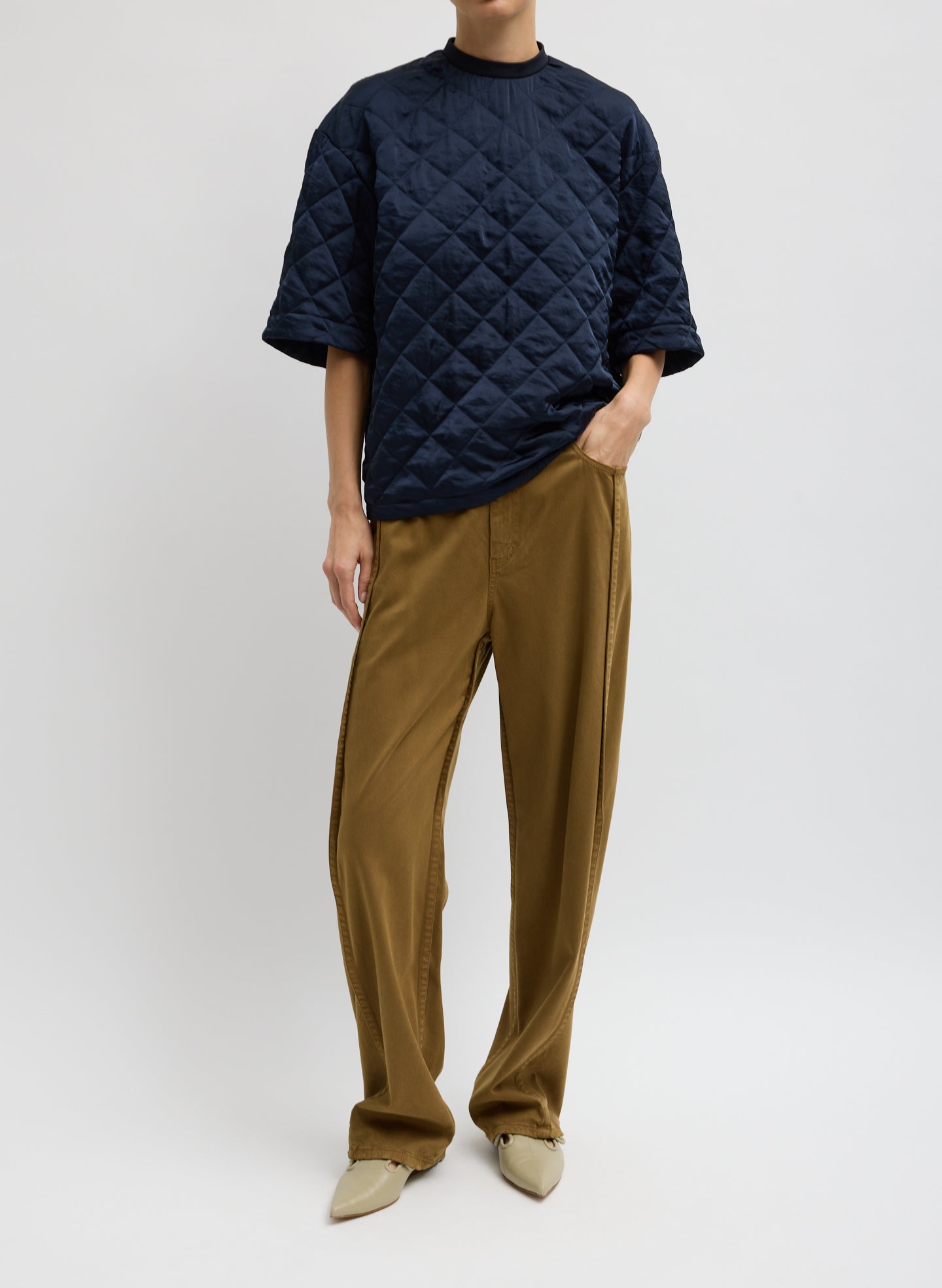 Navy Cozy Quilting Anorak T-Shirt - quilted tee, front view on model