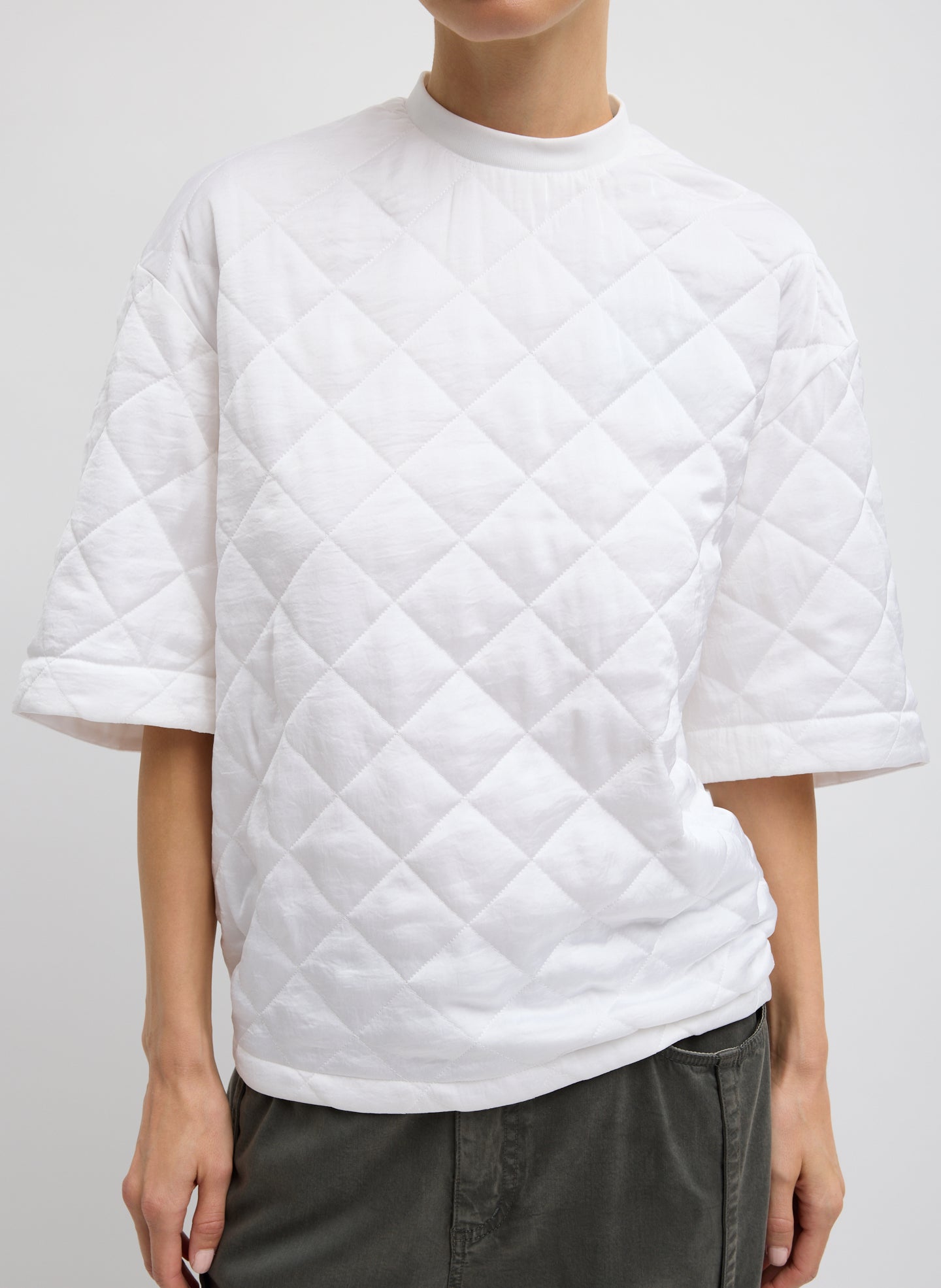 White Cozy Quilting Anorak T-Shirt - quilted tee, front view on model