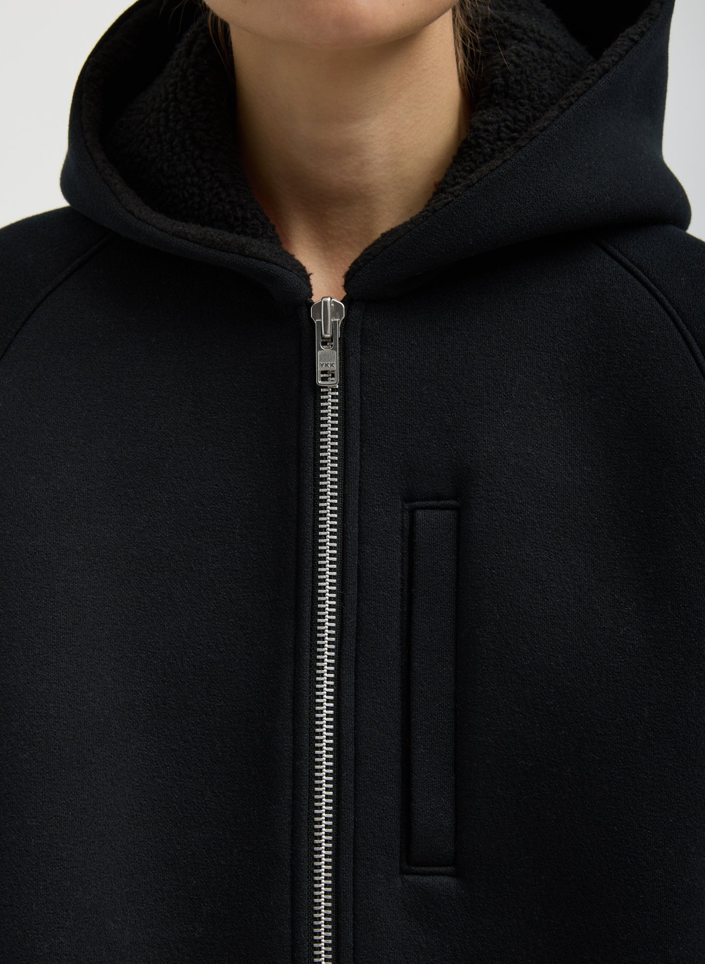 Black Compact Tech French Terry Zip Up Hoodie - closeup of zip front detail