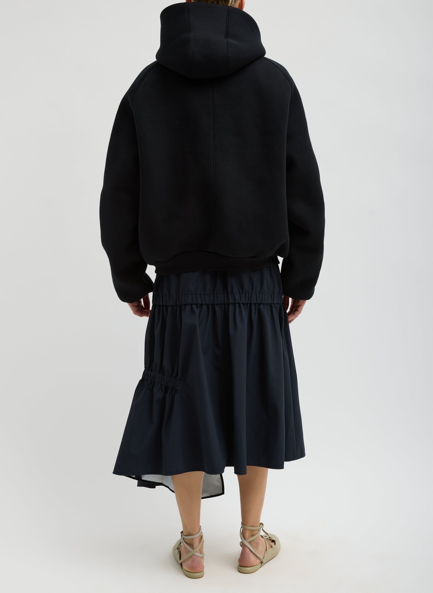 Black Compact Tech French Terry Zip Up Hoodie - full look, back view on model