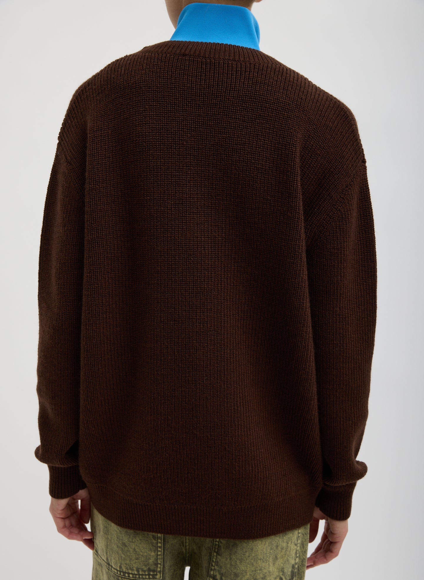 Brown Cardigan Stitch V-Neck With Removable Dickie - back view on model