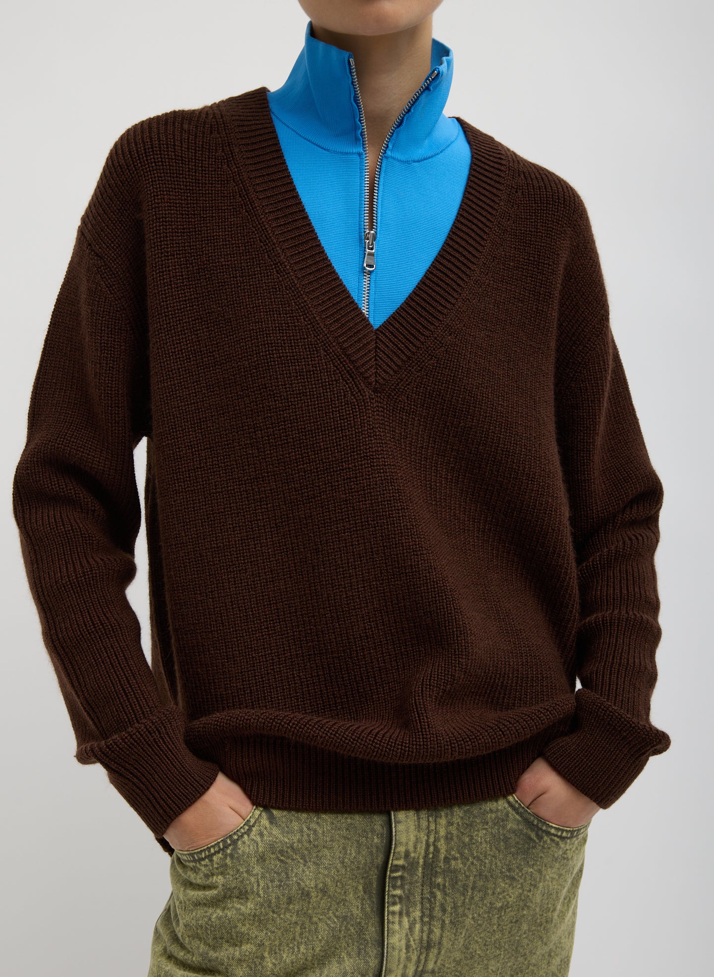 Brown Cardigan Stitch V-Neck With Removable Dickie - front view on model