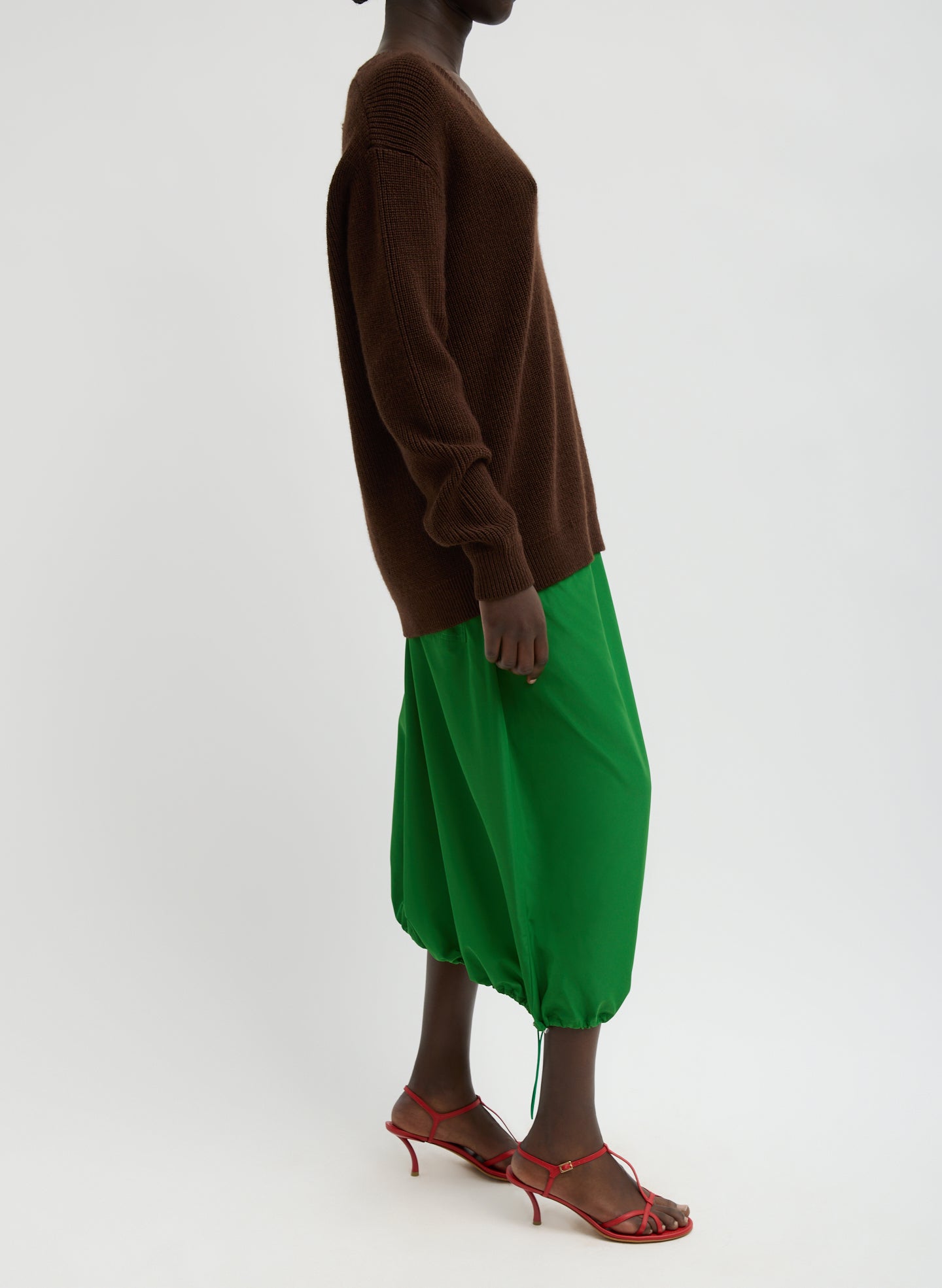 Brown Cardigan Stitch V-Neck With Removable Dickie - full look, side view on model