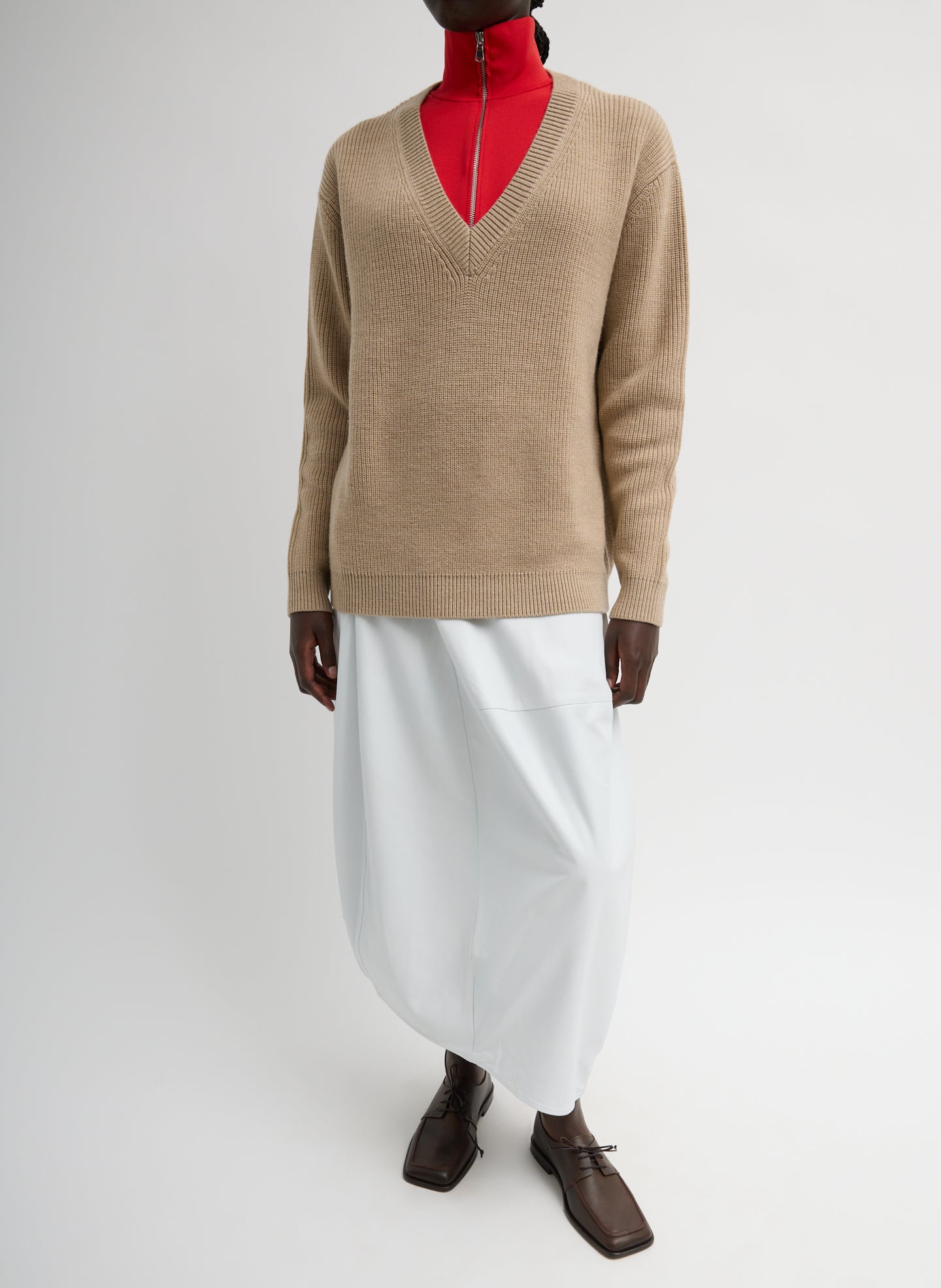 Beige Latte Cardigan Stitch V-Neck With Removable Dickie - full look, front view on model