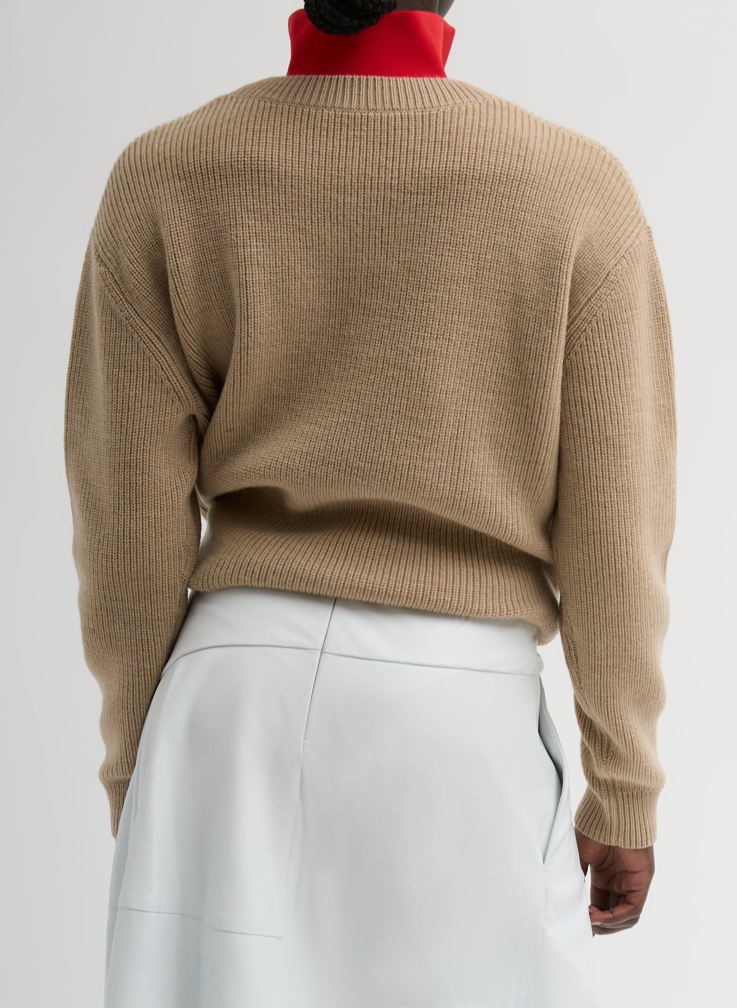 Beige Latte Cardigan Stitch V-Neck With Removable Dickie - back view on model