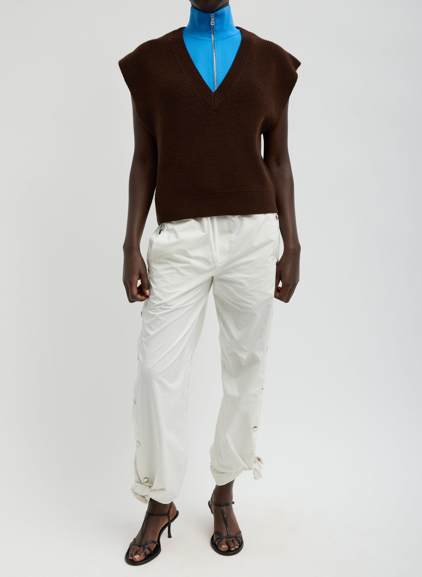 Brown Cardigan Stitch Sweater Vest With Removable Dickie - full look, front view on model