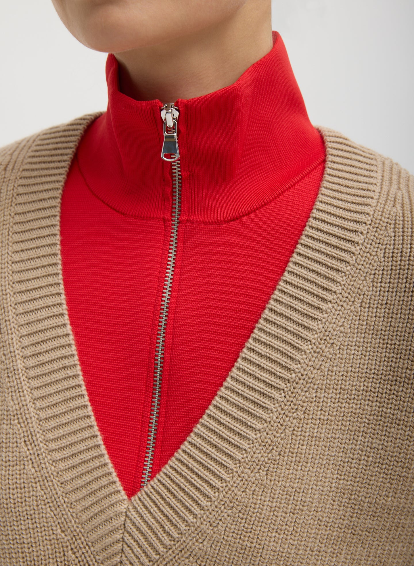 Latte Beige Cardigan Stitch Sweater Vest With Removable Dickie - closeup of removable dickie