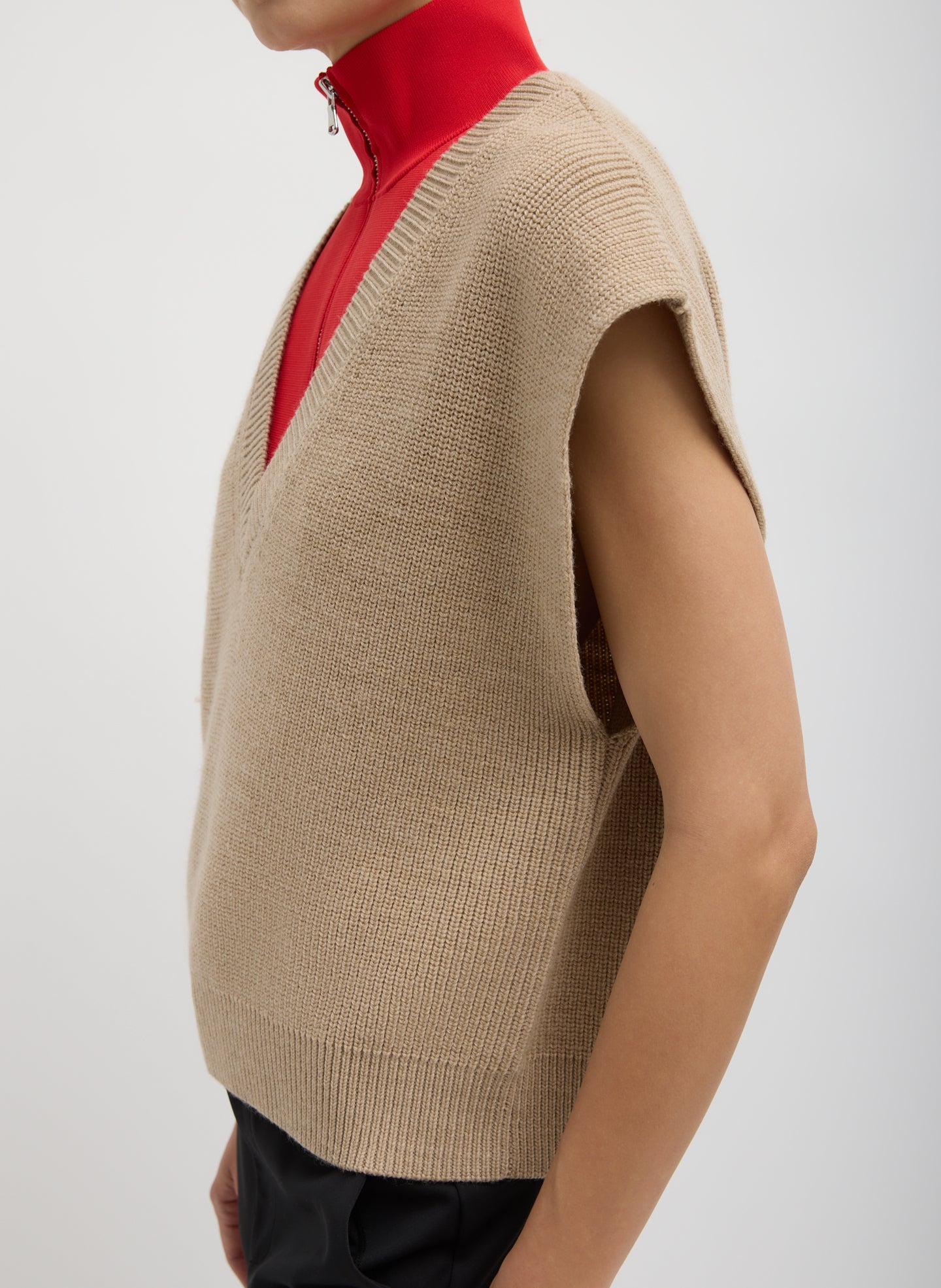 Latte Beige Cardigan Stitch Sweater Vest With Removable Dickie - side view on model