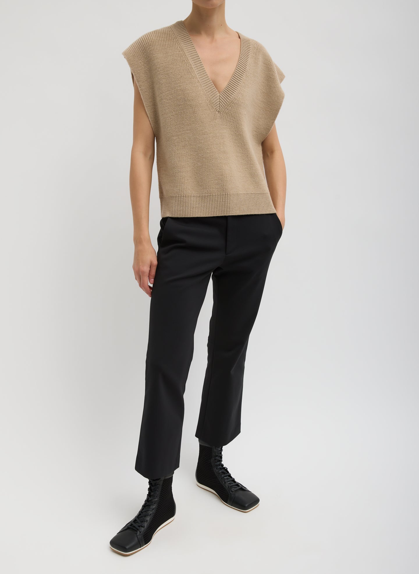 Latte Beige Cardigan Stitch Sweater Vest With Removable Dickie - full look, front view on model
