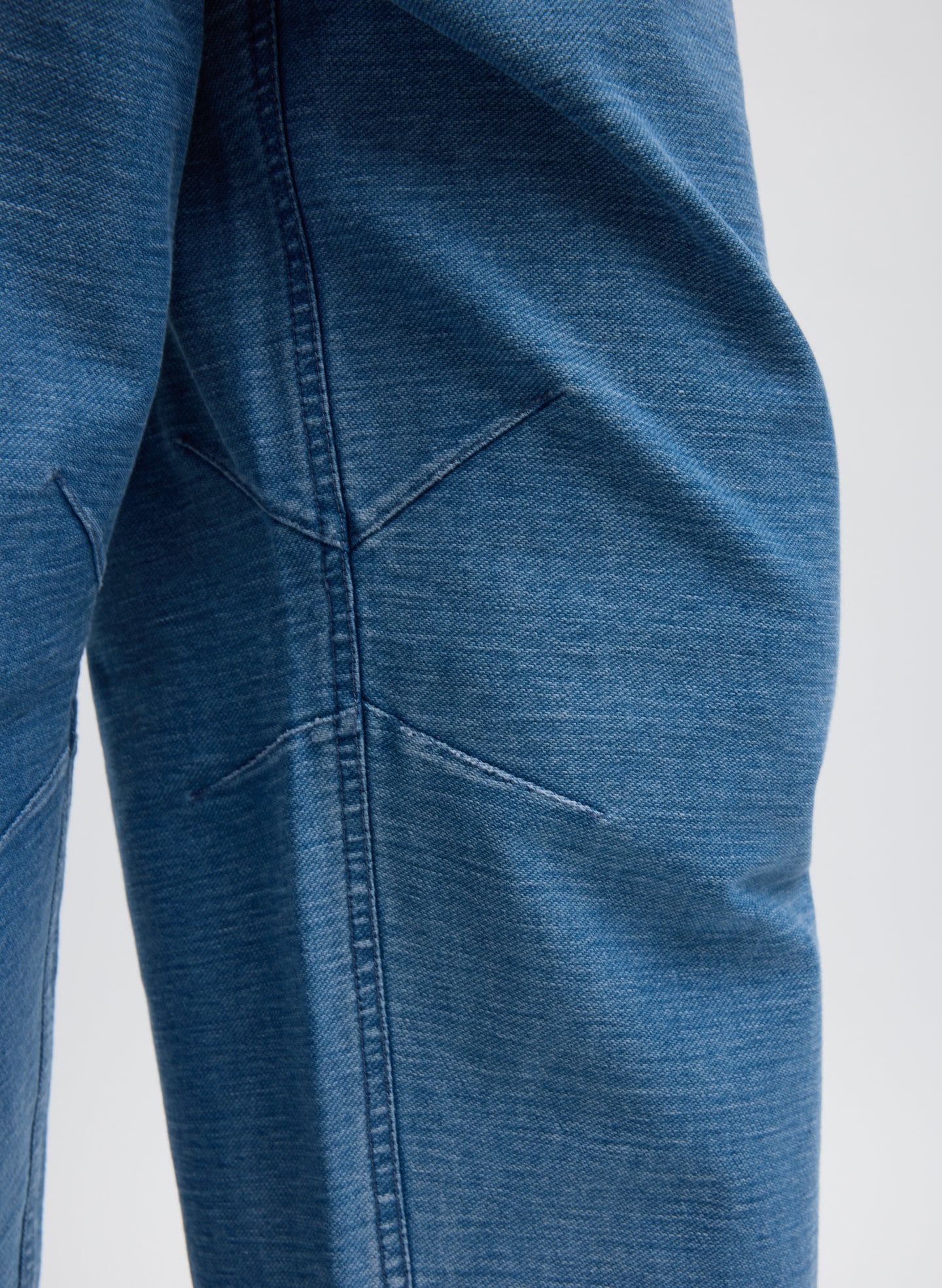 Classic Blue Denim Interlock Mica Jean - closeup of stitching at leg interior