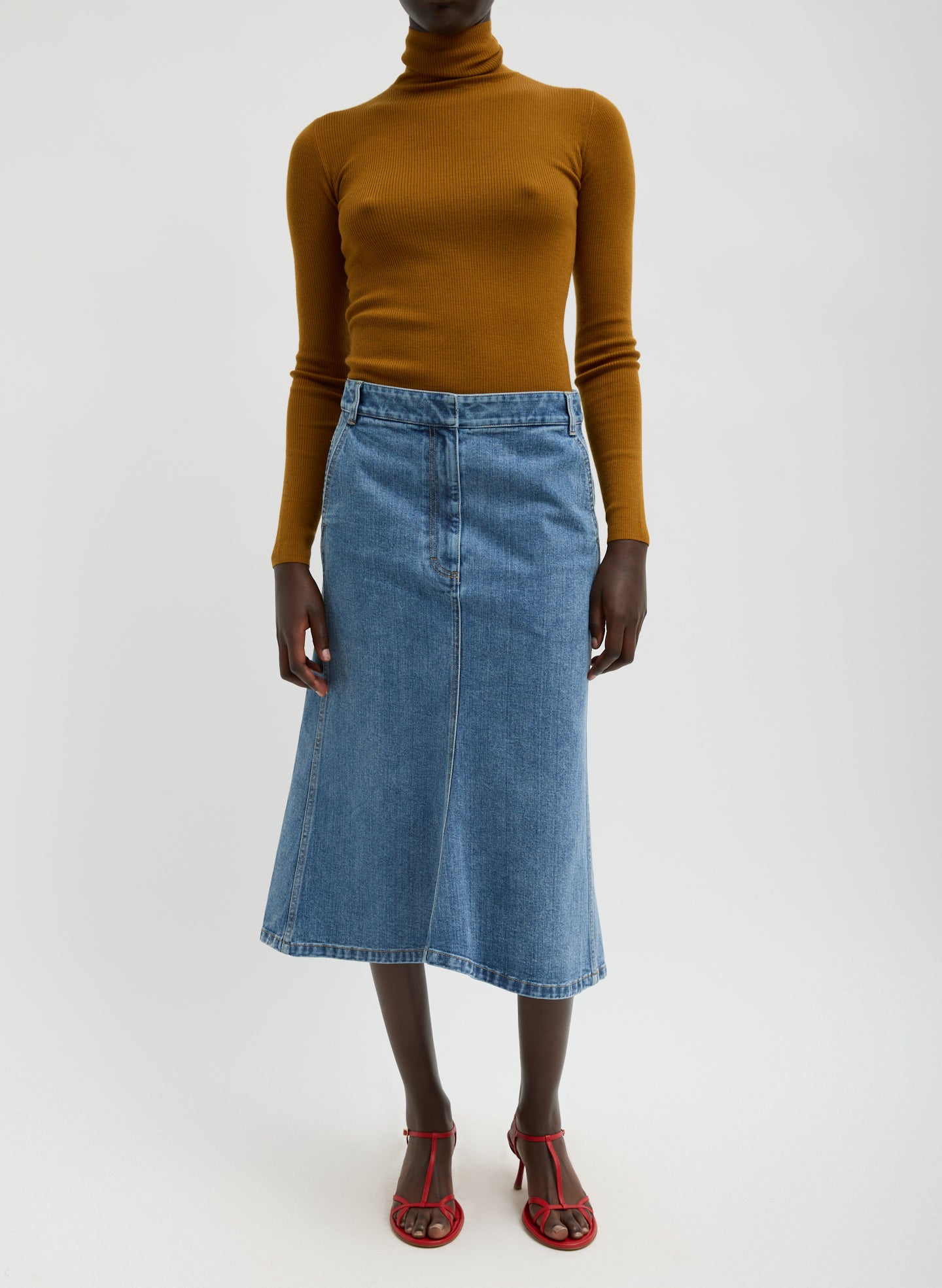Classic Blue Denim Sculpted Silke Skirt - knee length skirt, front view on model