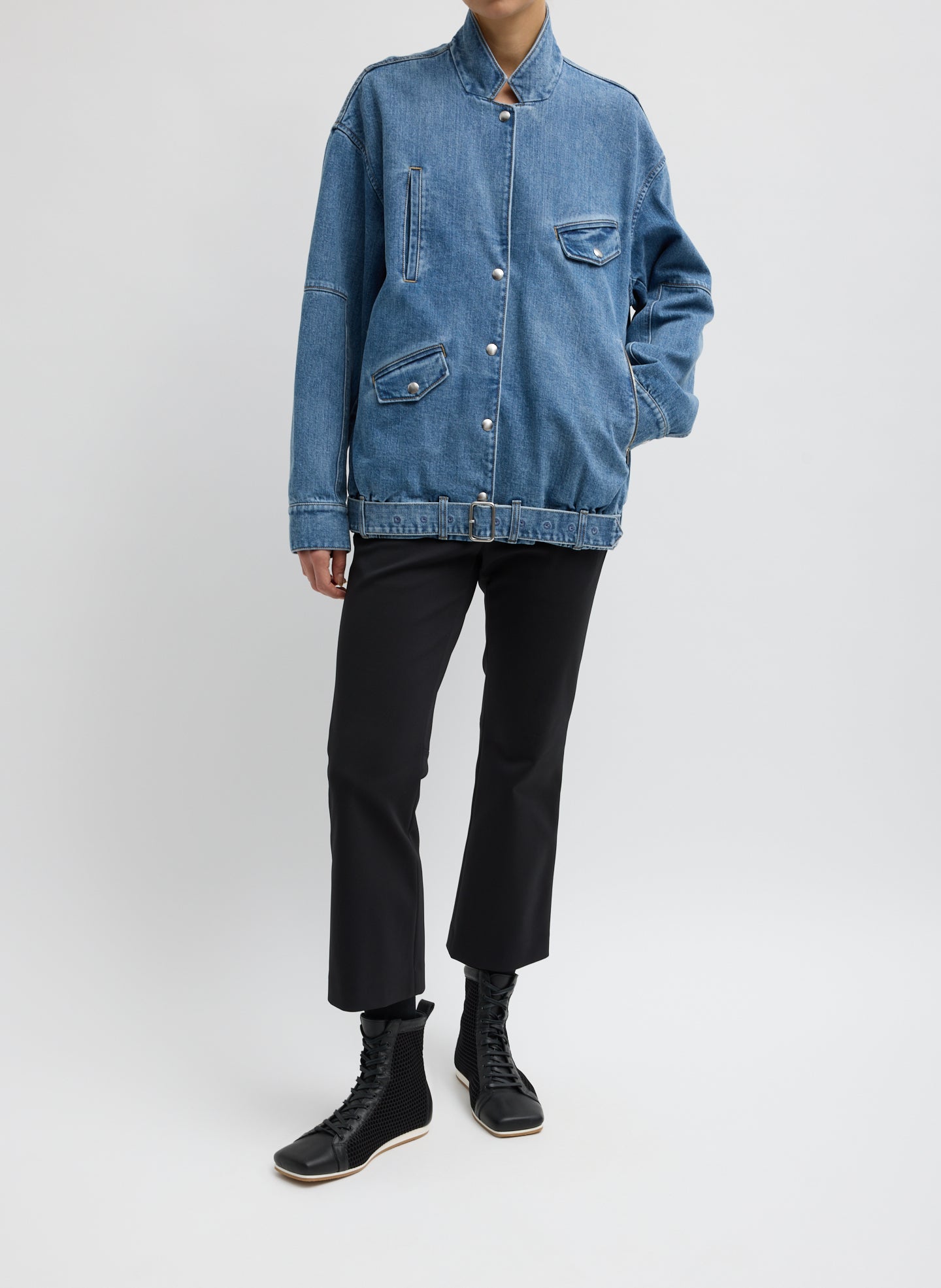 Classic Blue Denim Moto Bomber - full look, front view on model