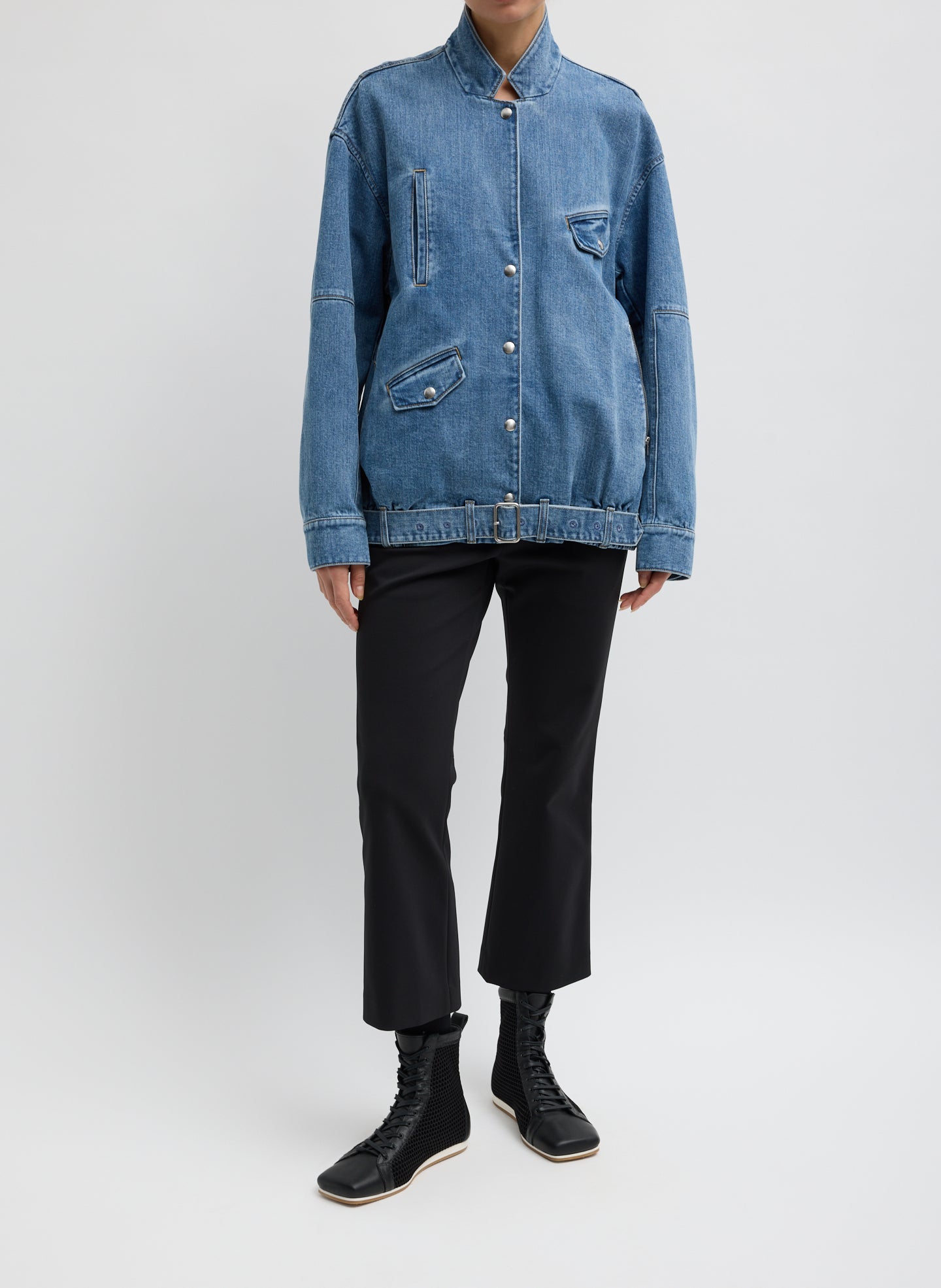 Classic Blue Denim Moto Bomber - full look, front view on model