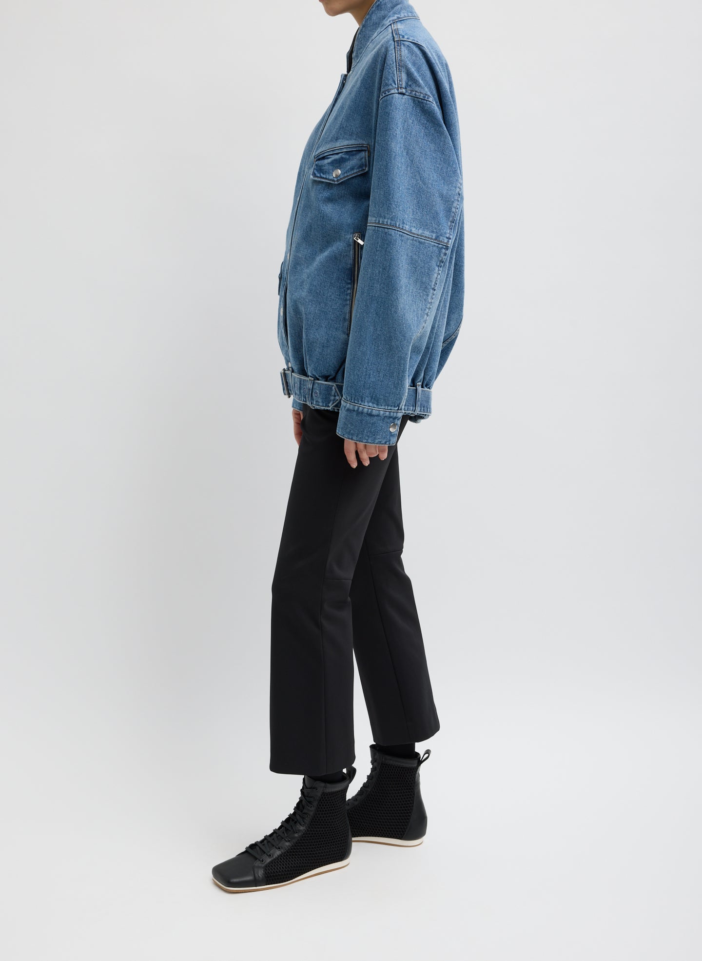 Classic Blue Denim Moto Bomber - full look, side view on model