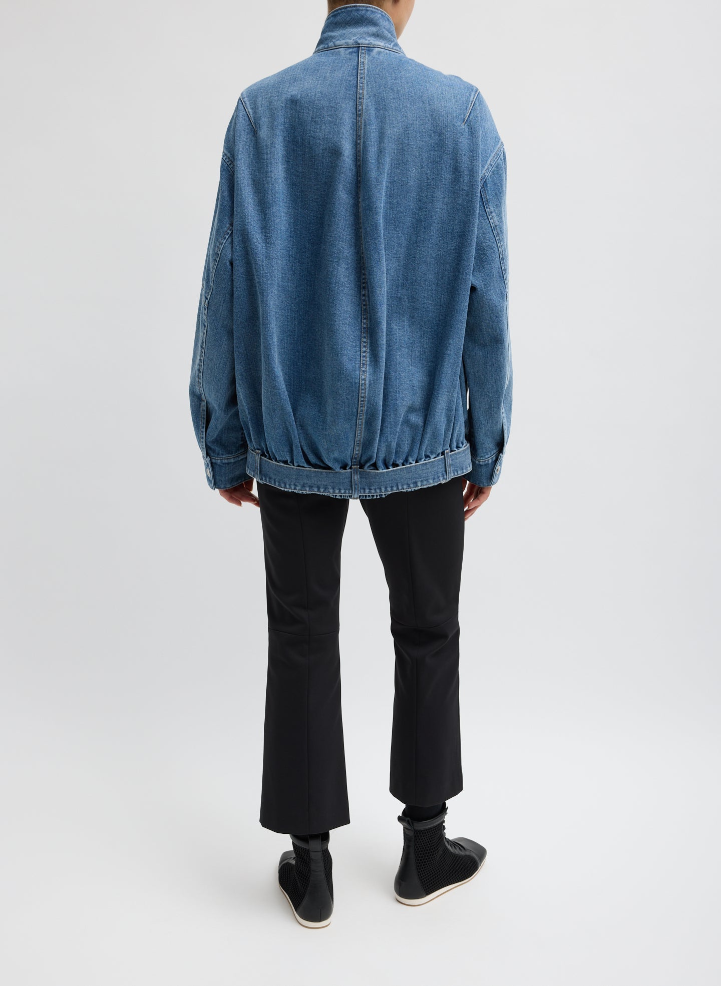 Classic Blue Denim Moto Bomber - full look, back view on model