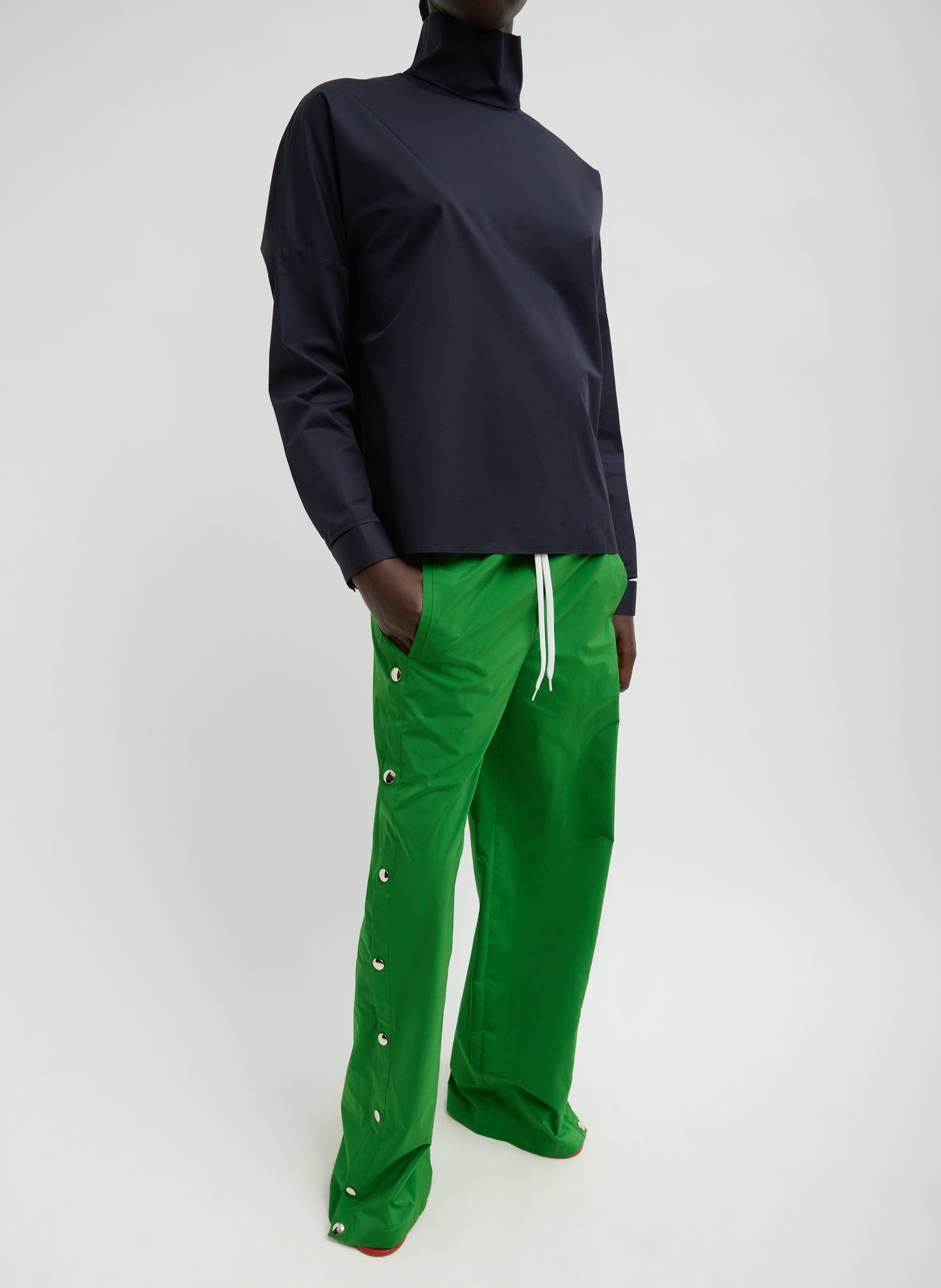 Dark Navy Eco Poplin Funnel Neck Dolman Top - full look, front view on model