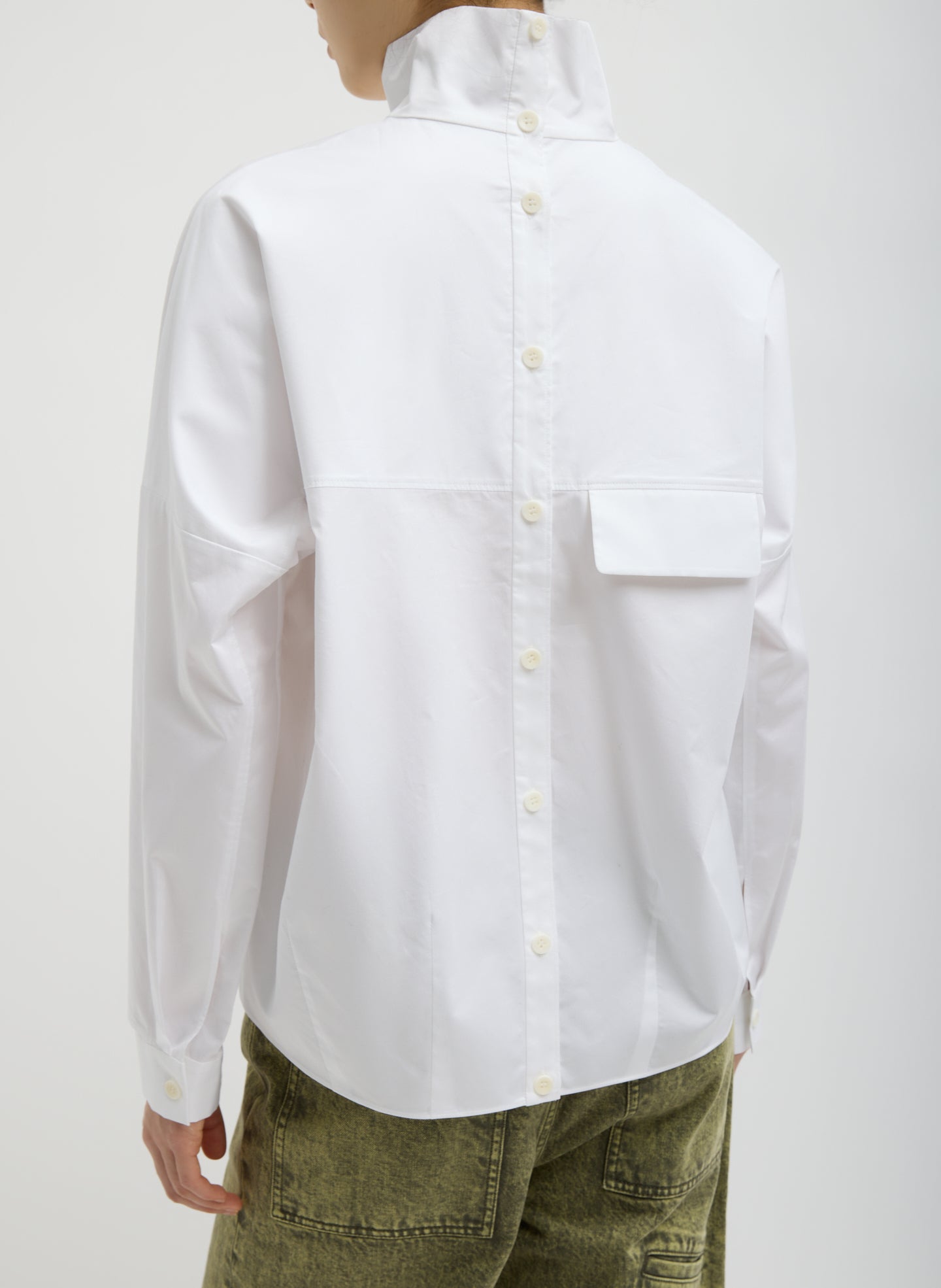 White Eco Poplin Funnel Neck Dolman Top - long sleeve top, back view on model