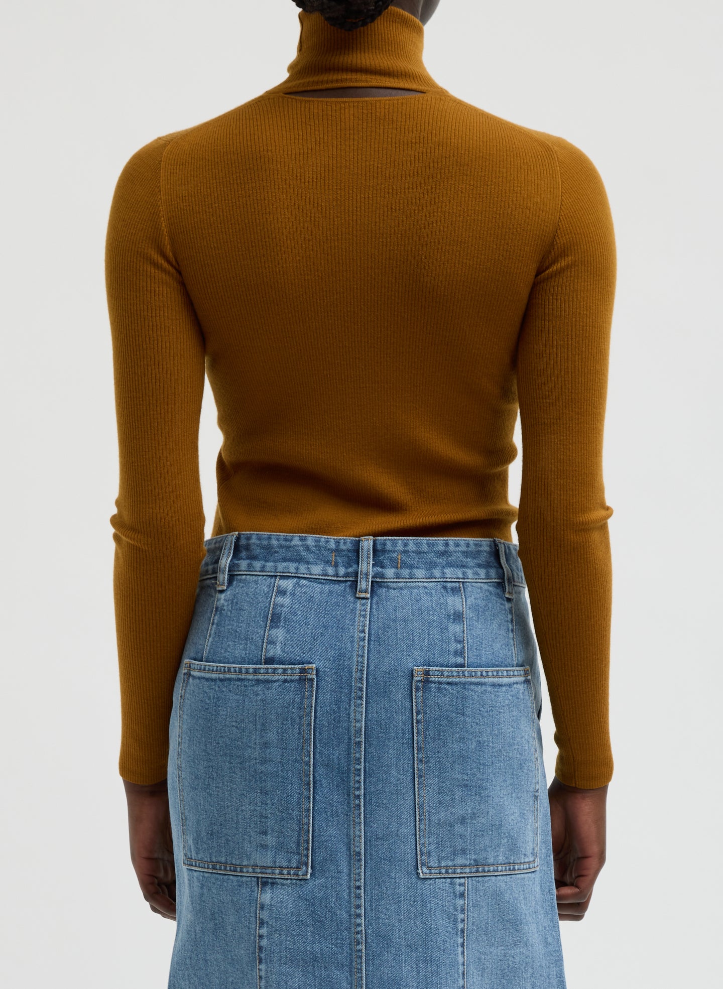 Ochre Featherweight Ribbed Sweater Crewneck Pullover - back view on model