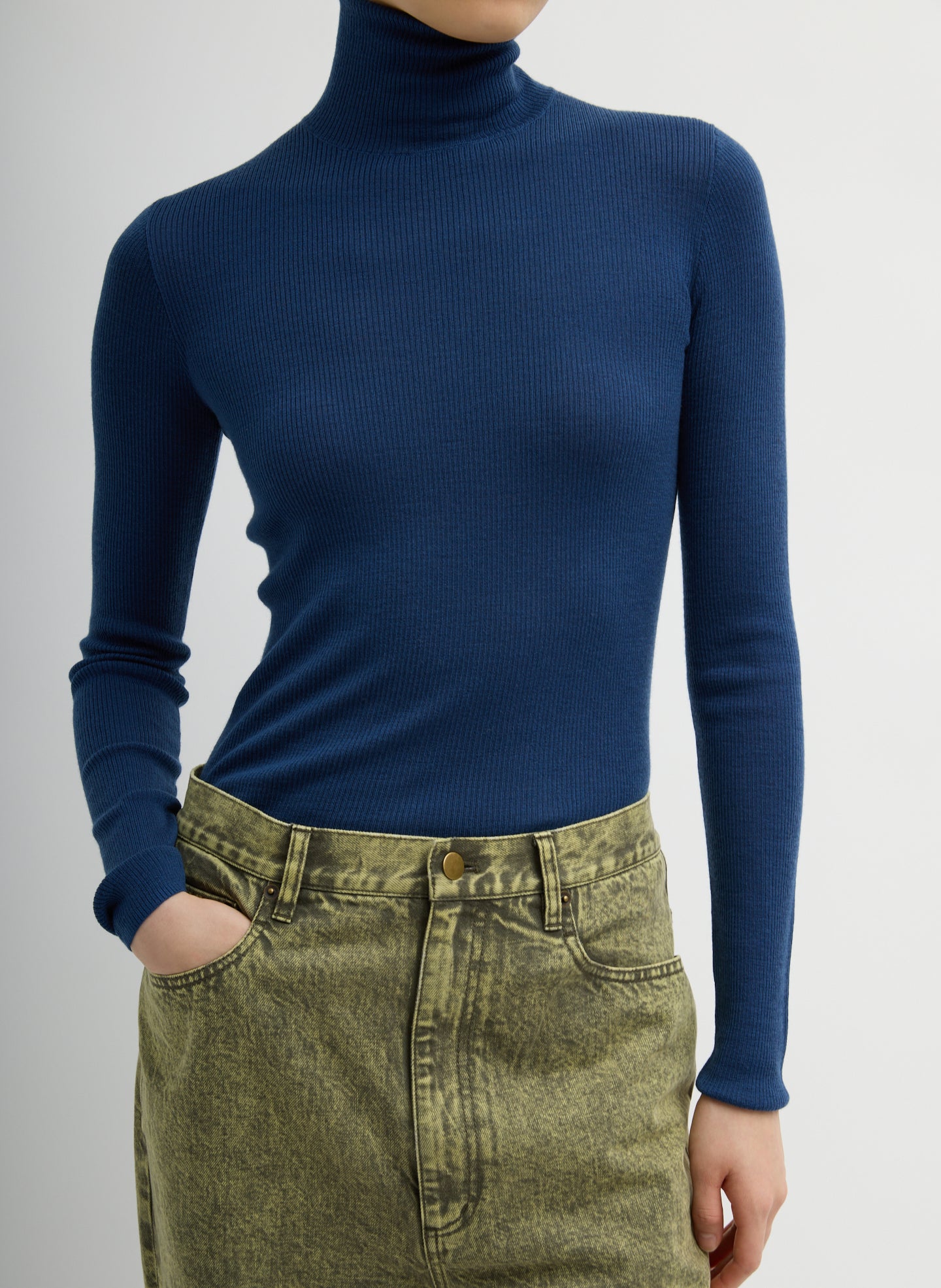 Seal Blue Featherweight Ribbed Sweater Turtleneck Pullover - front view on model