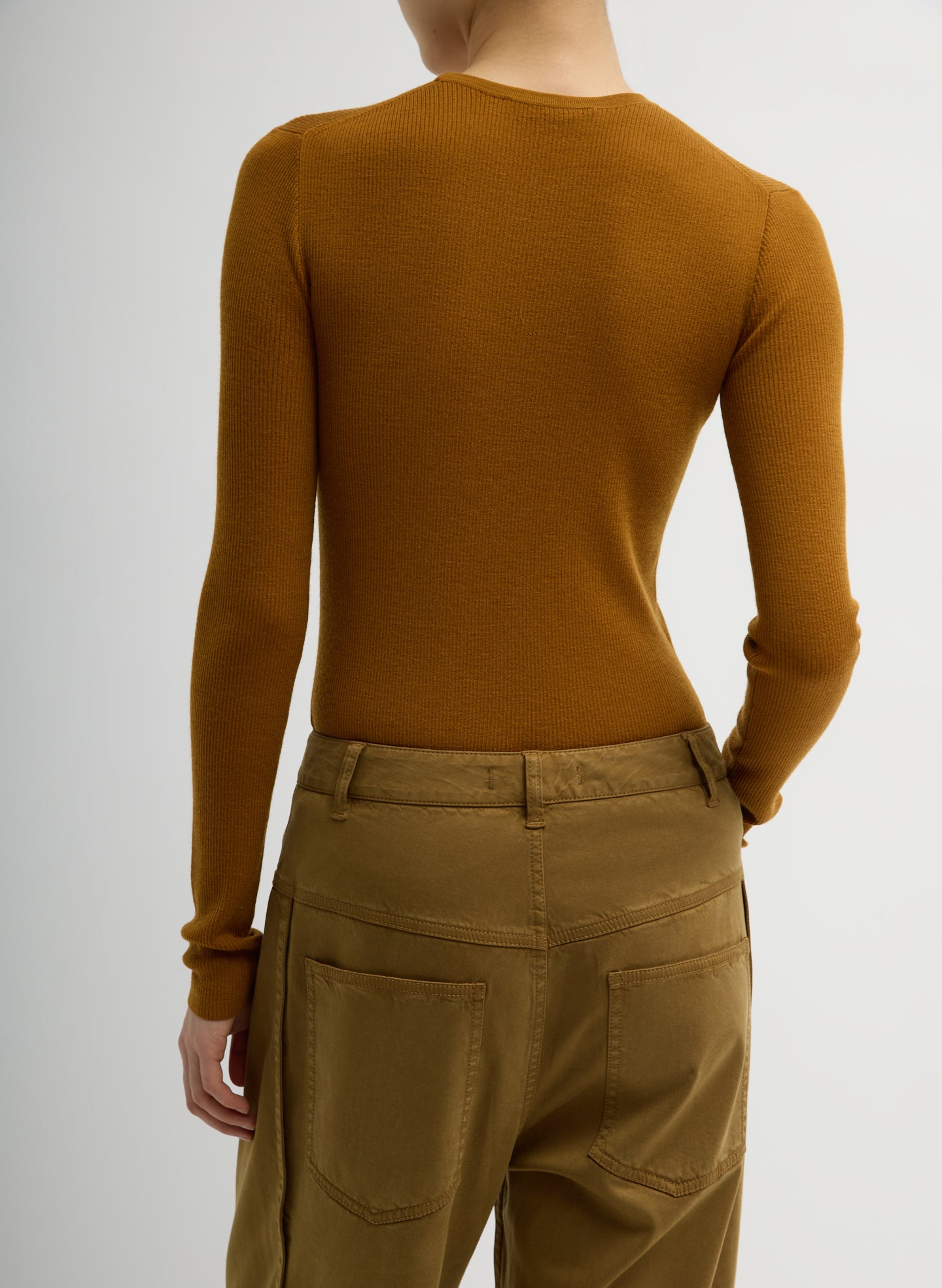 Ochre Featherweight Ribbed Sweater Crewneck Pullover - long sleeve tee, back view on model