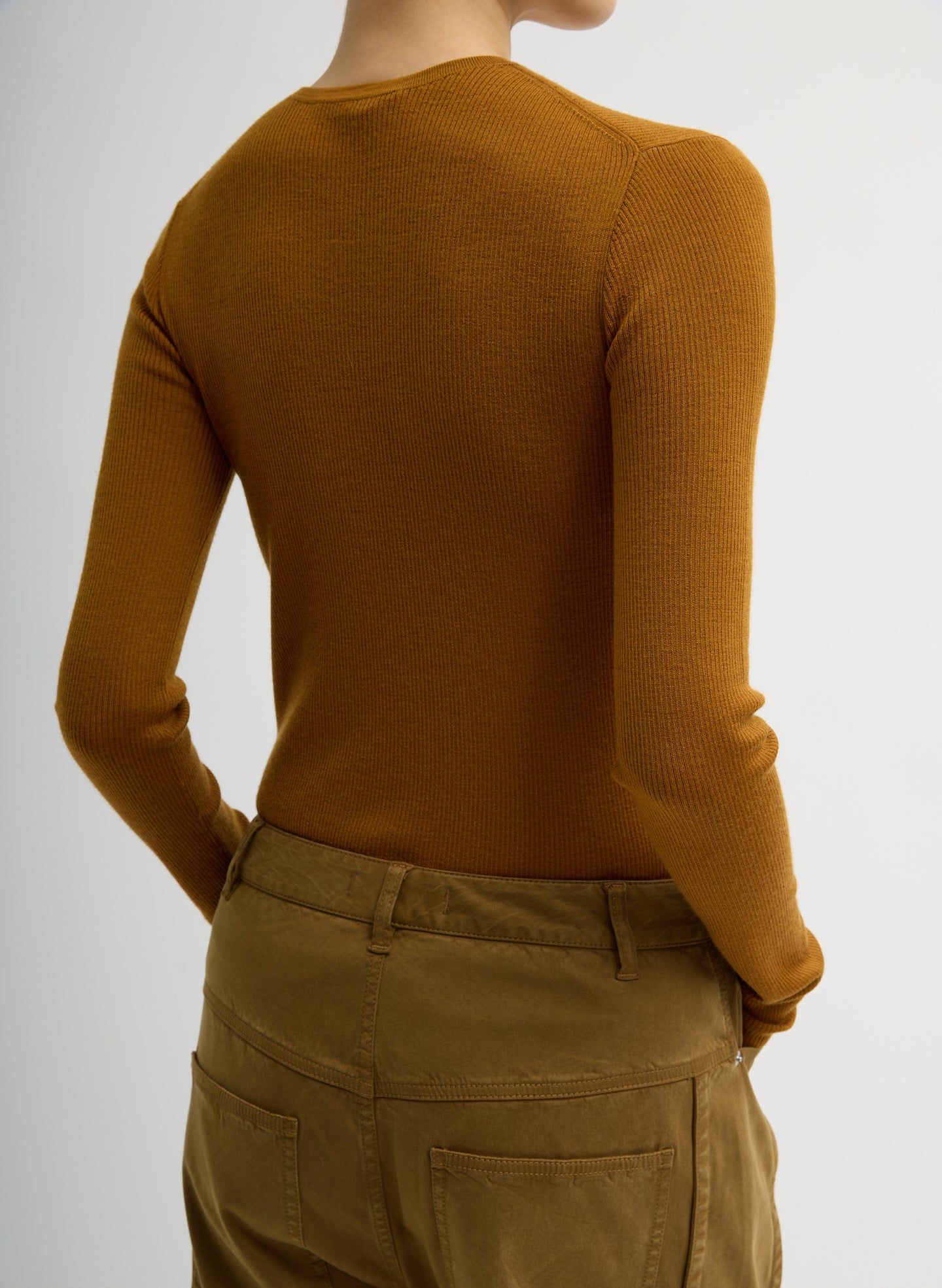Ochre Featherweight Ribbed Sweater Crewneck Pullover - long sleeve tee, back view on model
