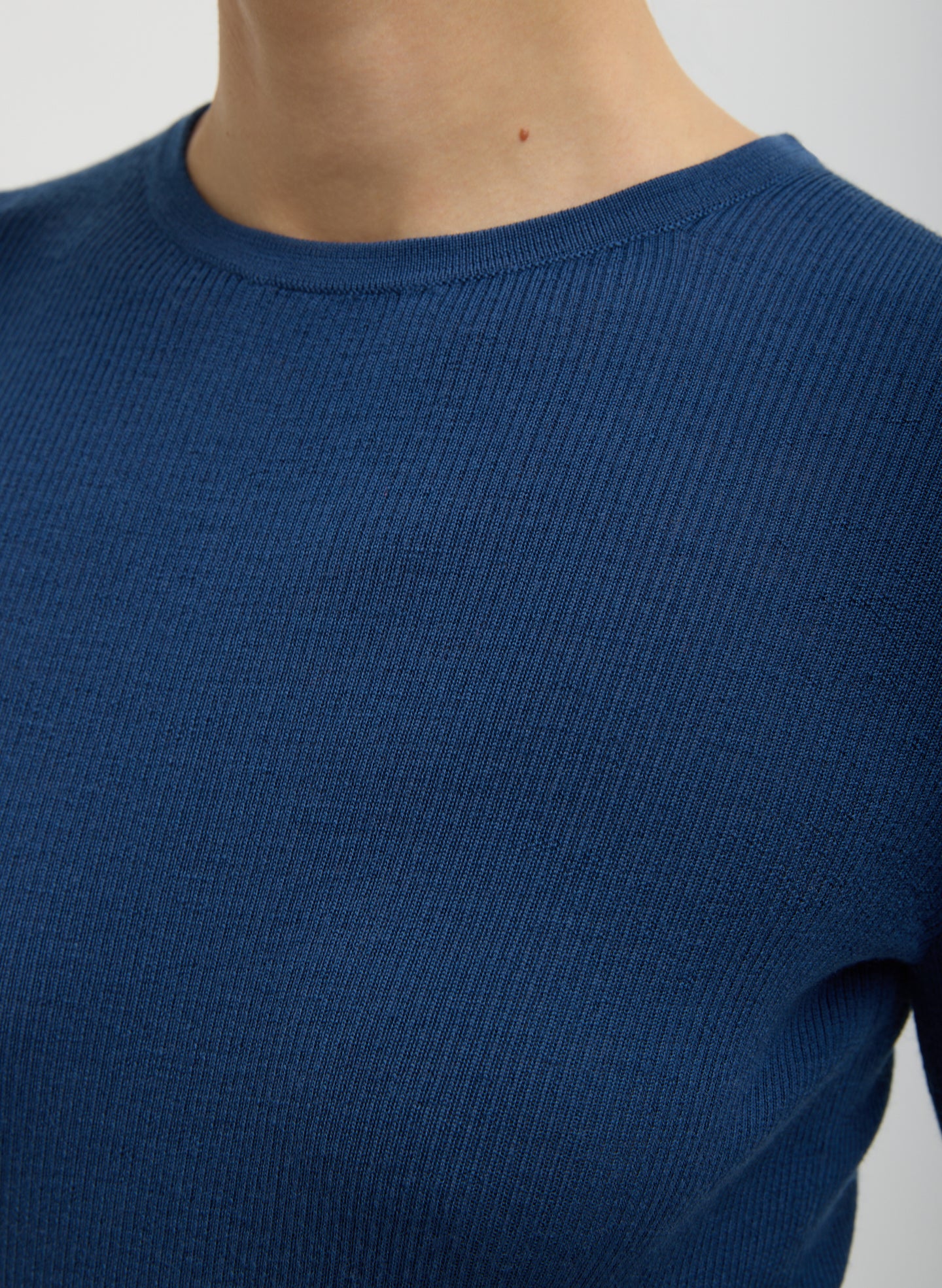 Seal Blue Featherweight Ribbed Sweater Crewneck Pullover - closeup of ribbed detailing