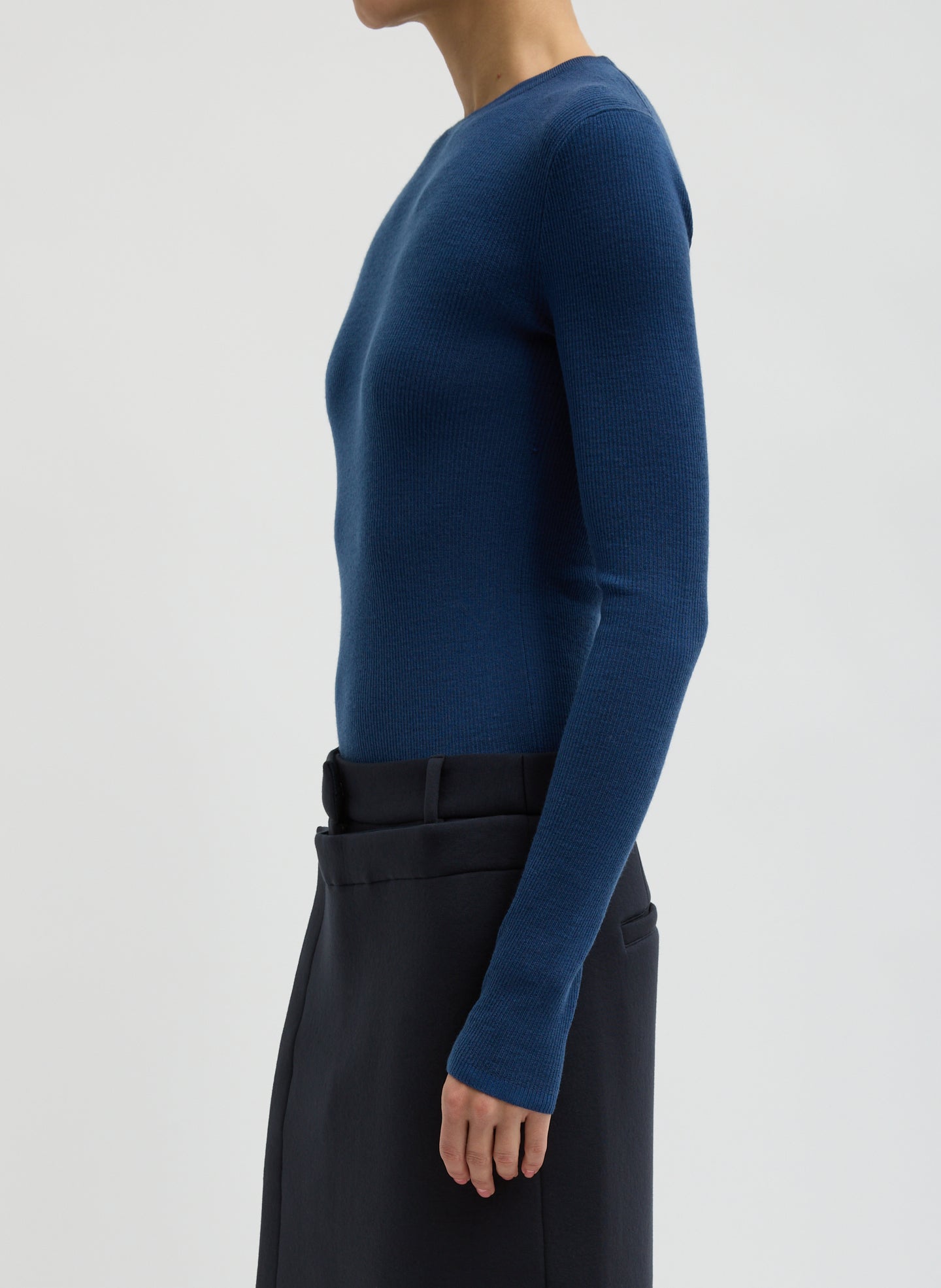 Seal Blue Featherweight Ribbed Sweater Crewneck Pullover - long sleeve tee, side view on model