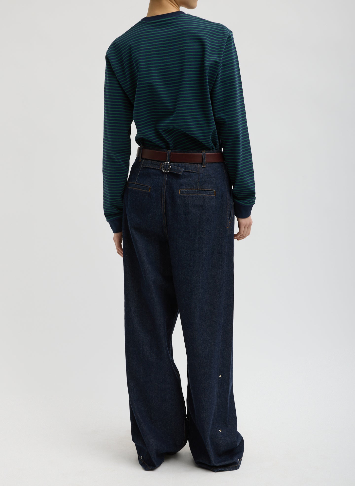 Indigo Denim Triple Pleat Jean - pleated trouser jeans, back view on model